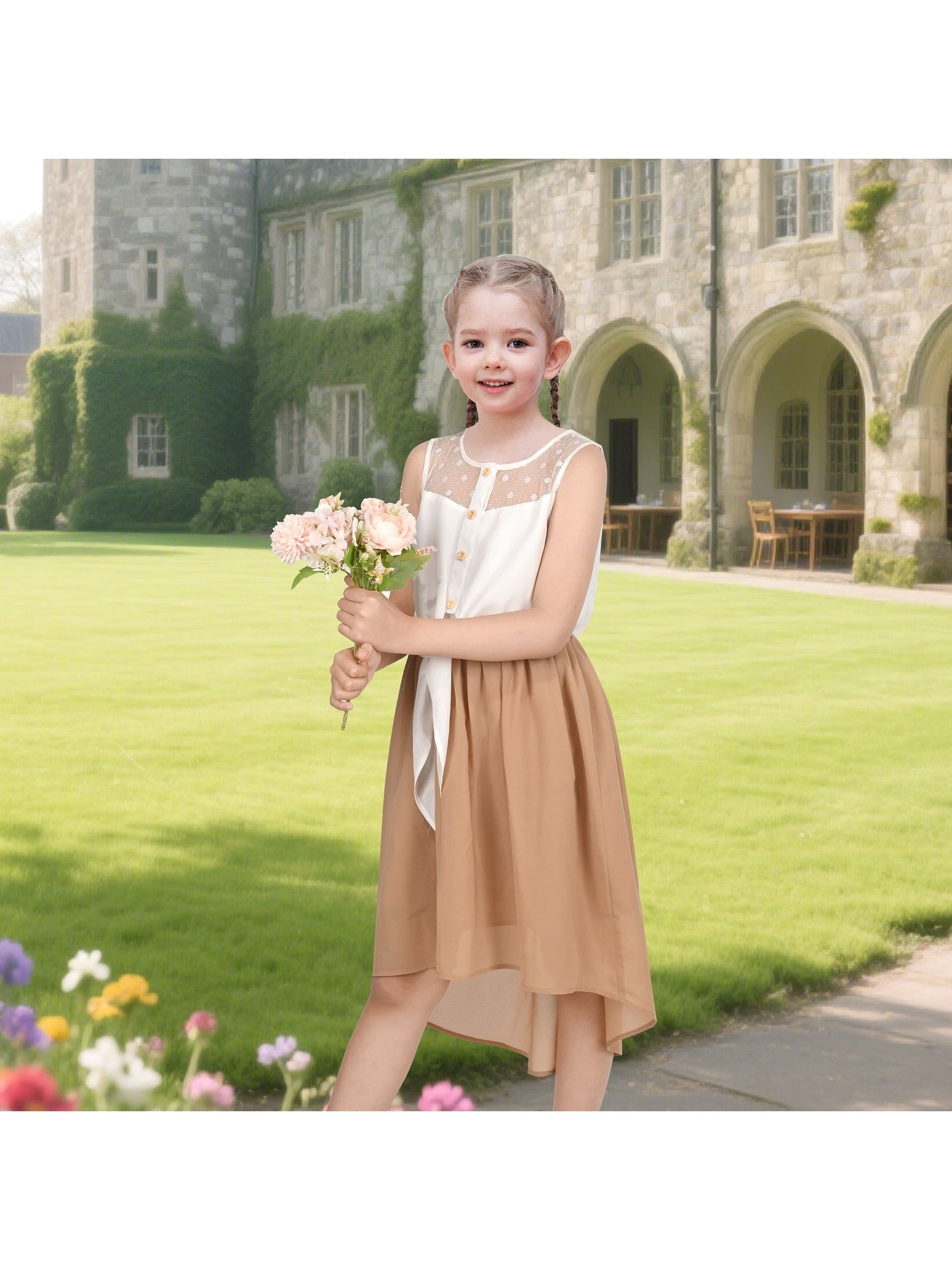 Girls Dress Lace to Chiffon Striped Black White Tied Waist Brown