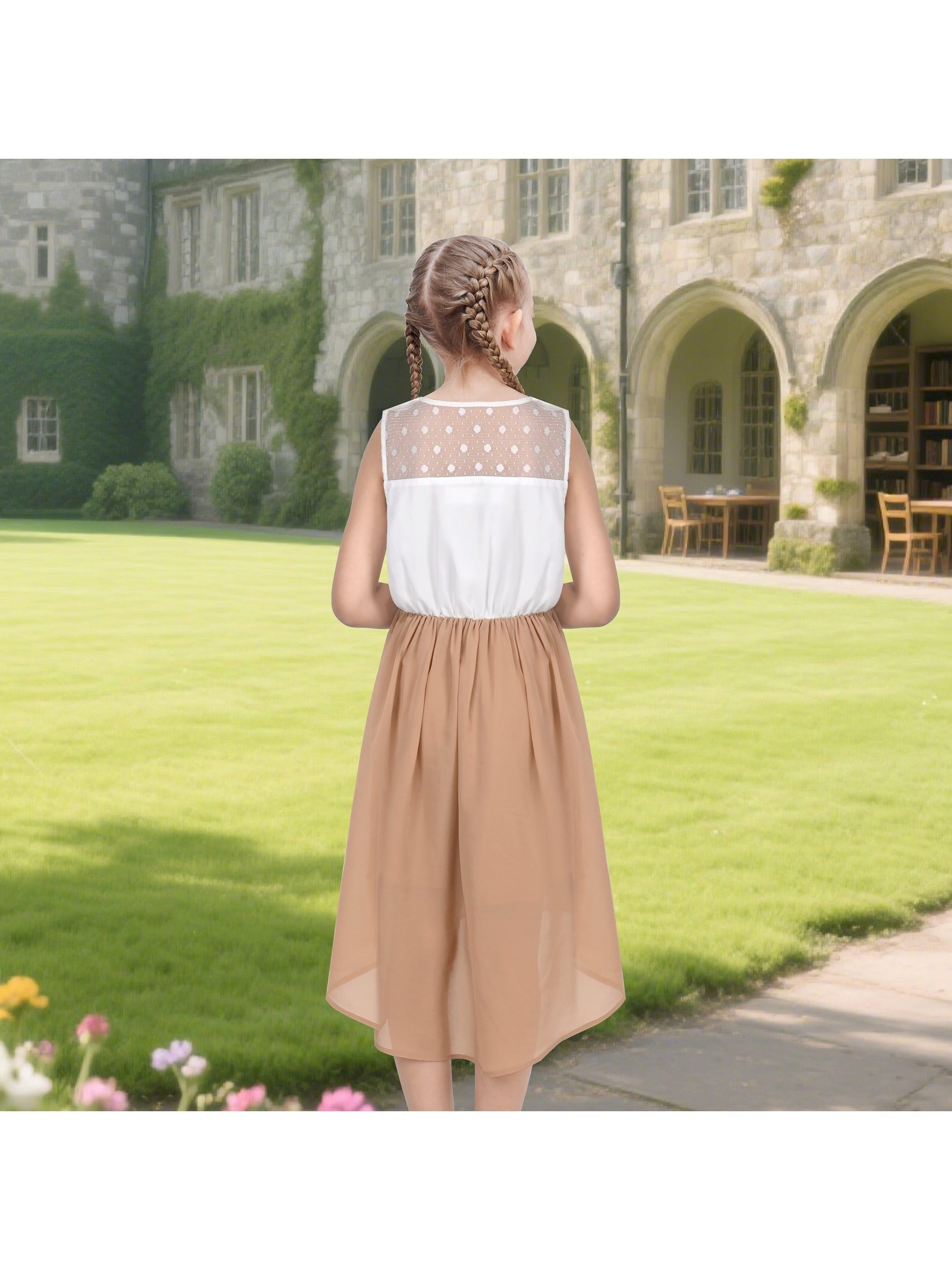 Girls Dress Lace to Chiffon Striped Black White Tied Waist Brown