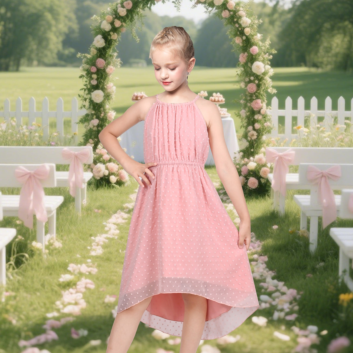Girls Dress Red Heart Love Sleeveless Valentine's Day Slip Dress - Light Pink