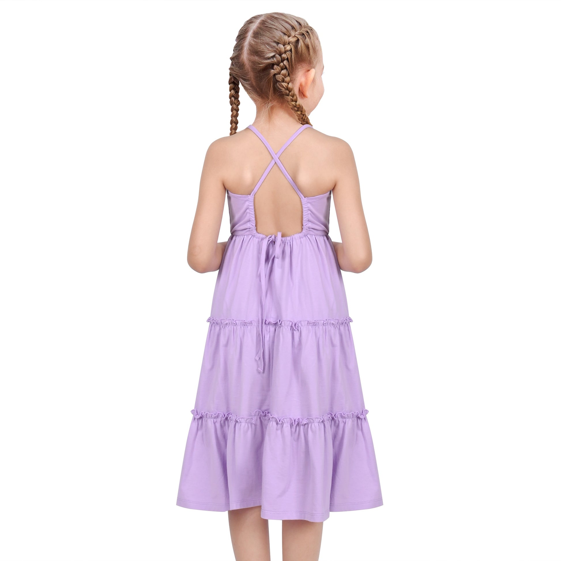 Girls Dress Rainbow Colorful Tiered Ruffle Backless Casual Holiday Cotton Purple
