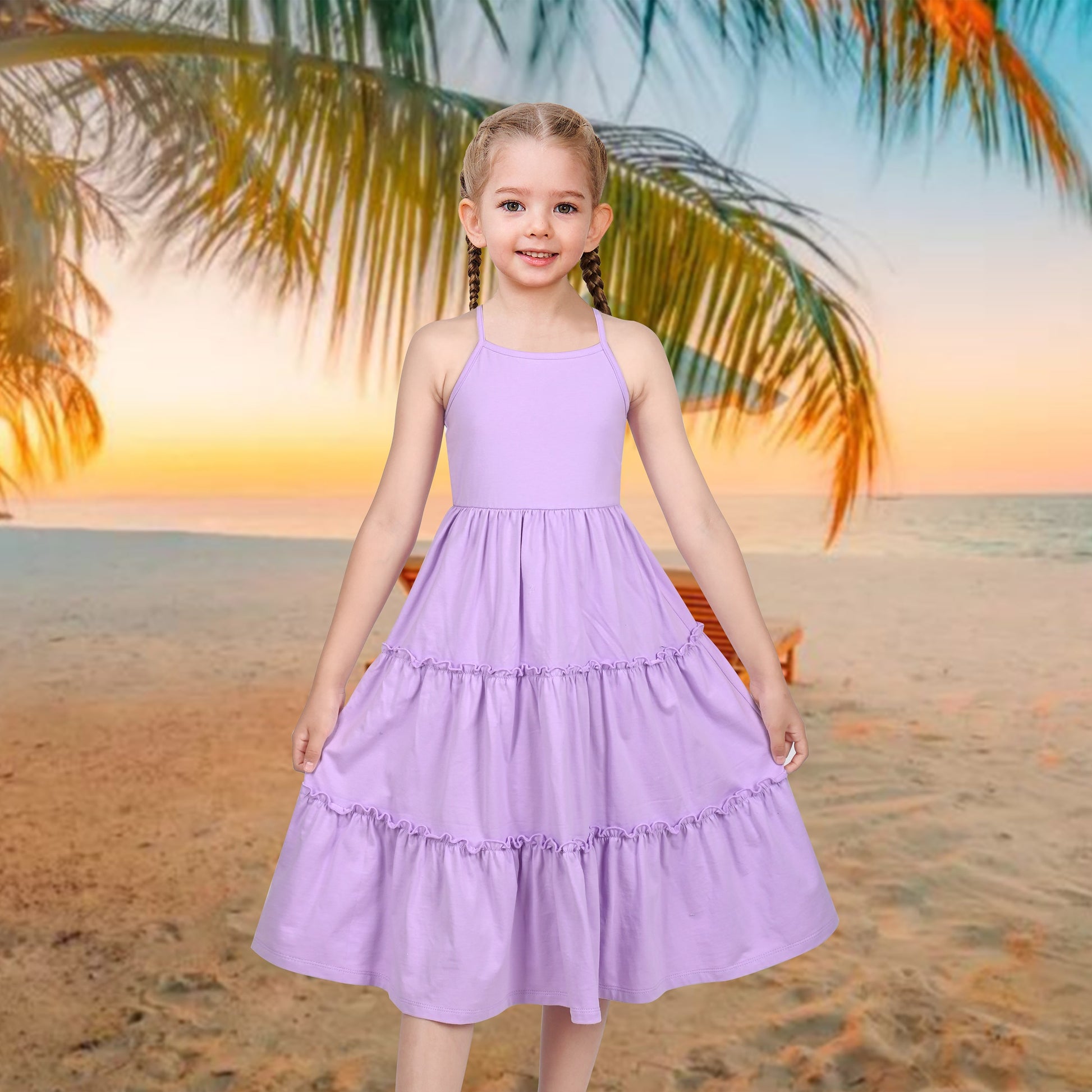 Girls Dress Rainbow Colorful Tiered Ruffle Backless Casual Holiday Cotton Purple