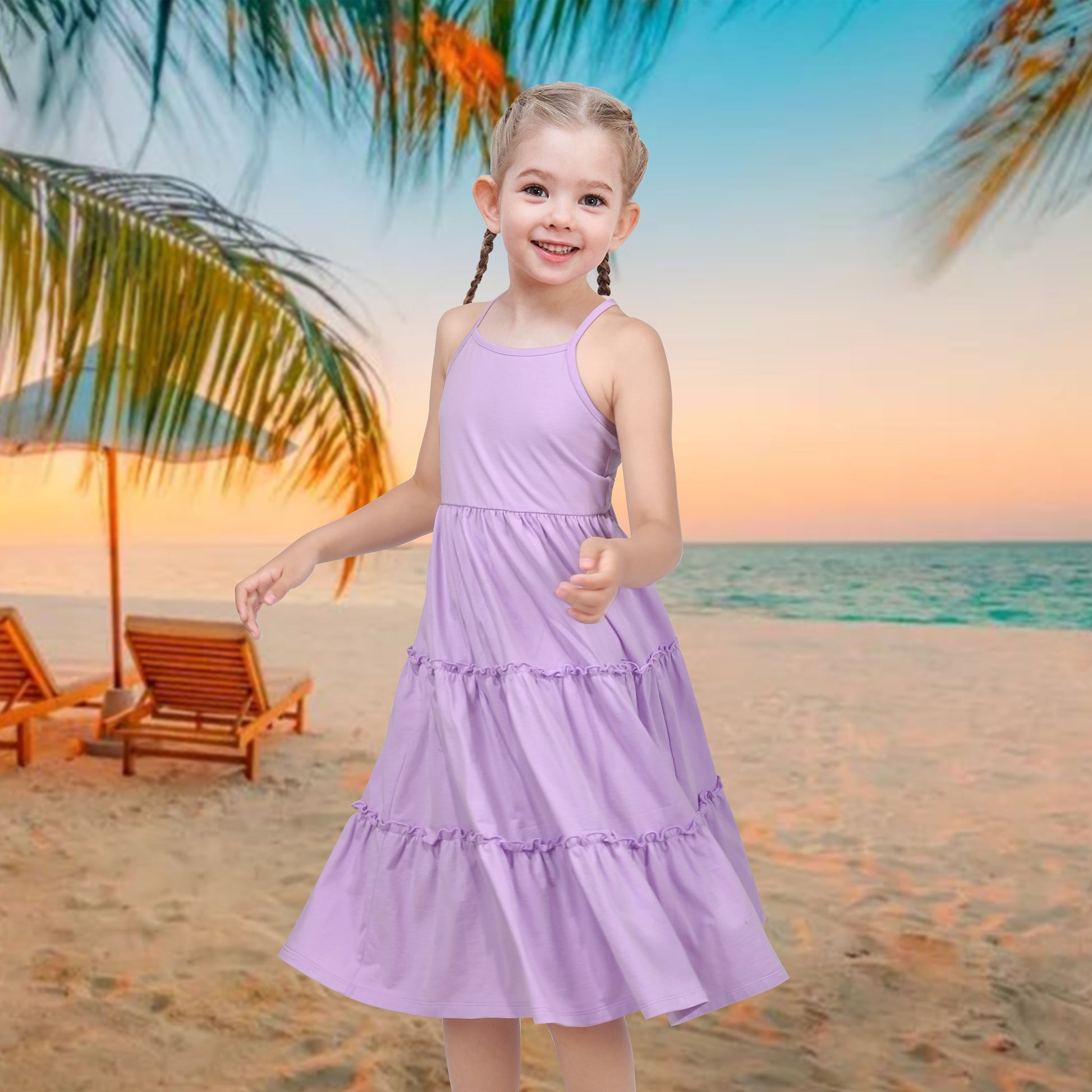 Girls Dress Rainbow Colorful Tiered Ruffle Backless Casual Holiday Cotton Purple