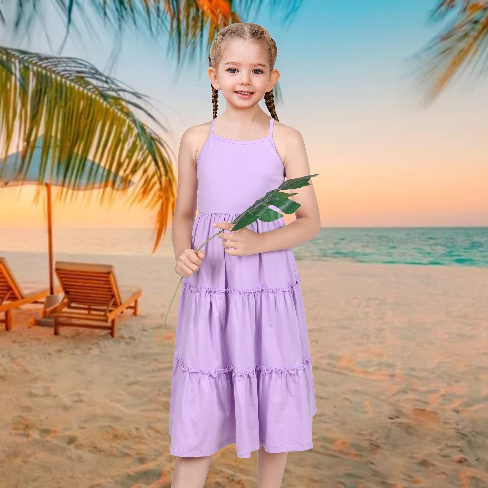 Girls Dress Rainbow Colorful Tiered Ruffle Backless Casual Holiday Cotton Purple