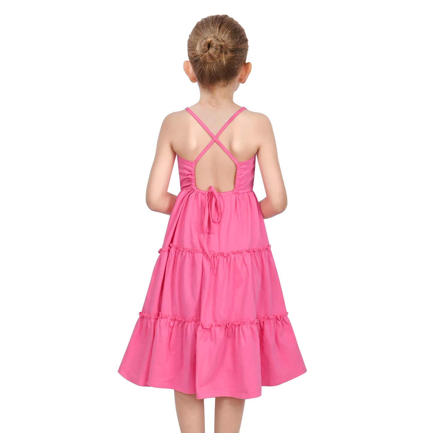 Girls Dress Rainbow Colorful Tiered Ruffle Backless Casual Holiday Cotton Pink