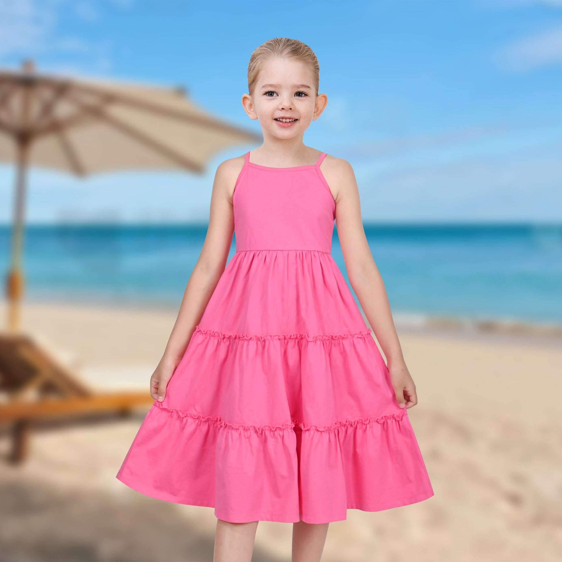 Girls Dress Rainbow Colorful Tiered Ruffle Backless Casual Holiday Cotton Pink