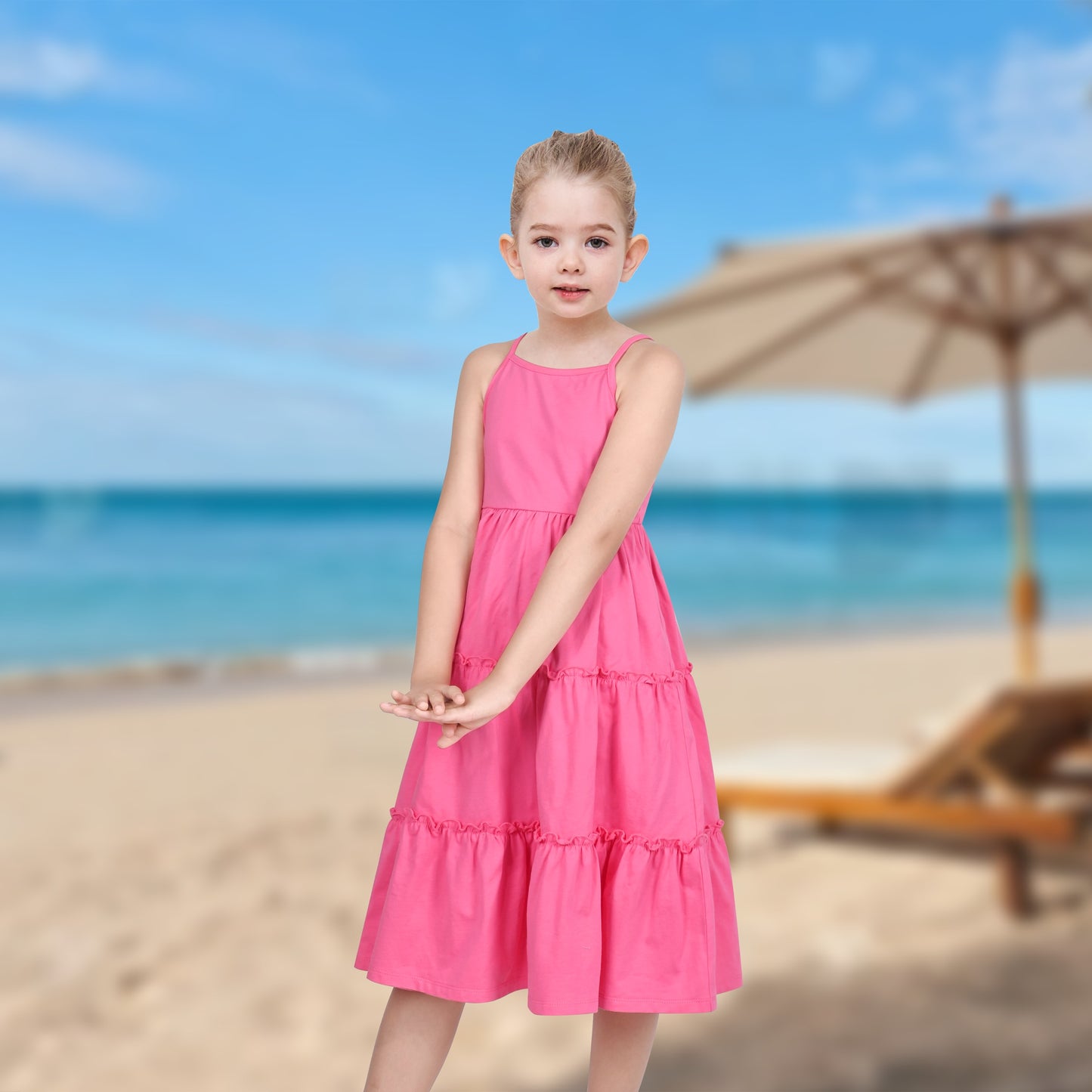 Girls Dress Rainbow Colorful Tiered Ruffle Backless Casual Holiday Cotton Pink