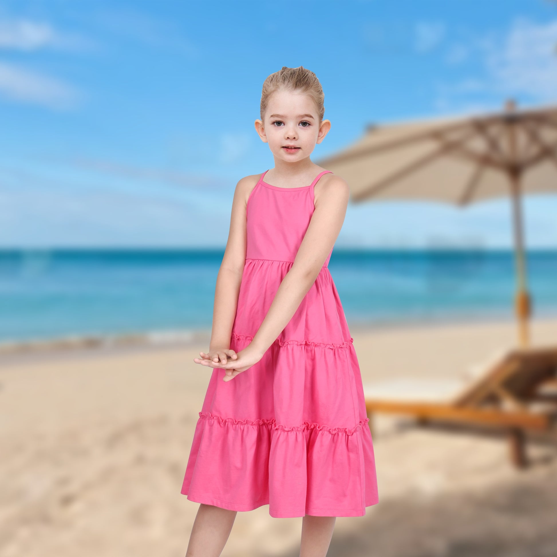 Girls Dress Rainbow Colorful Tiered Ruffle Backless Casual Holiday Cotton Pink