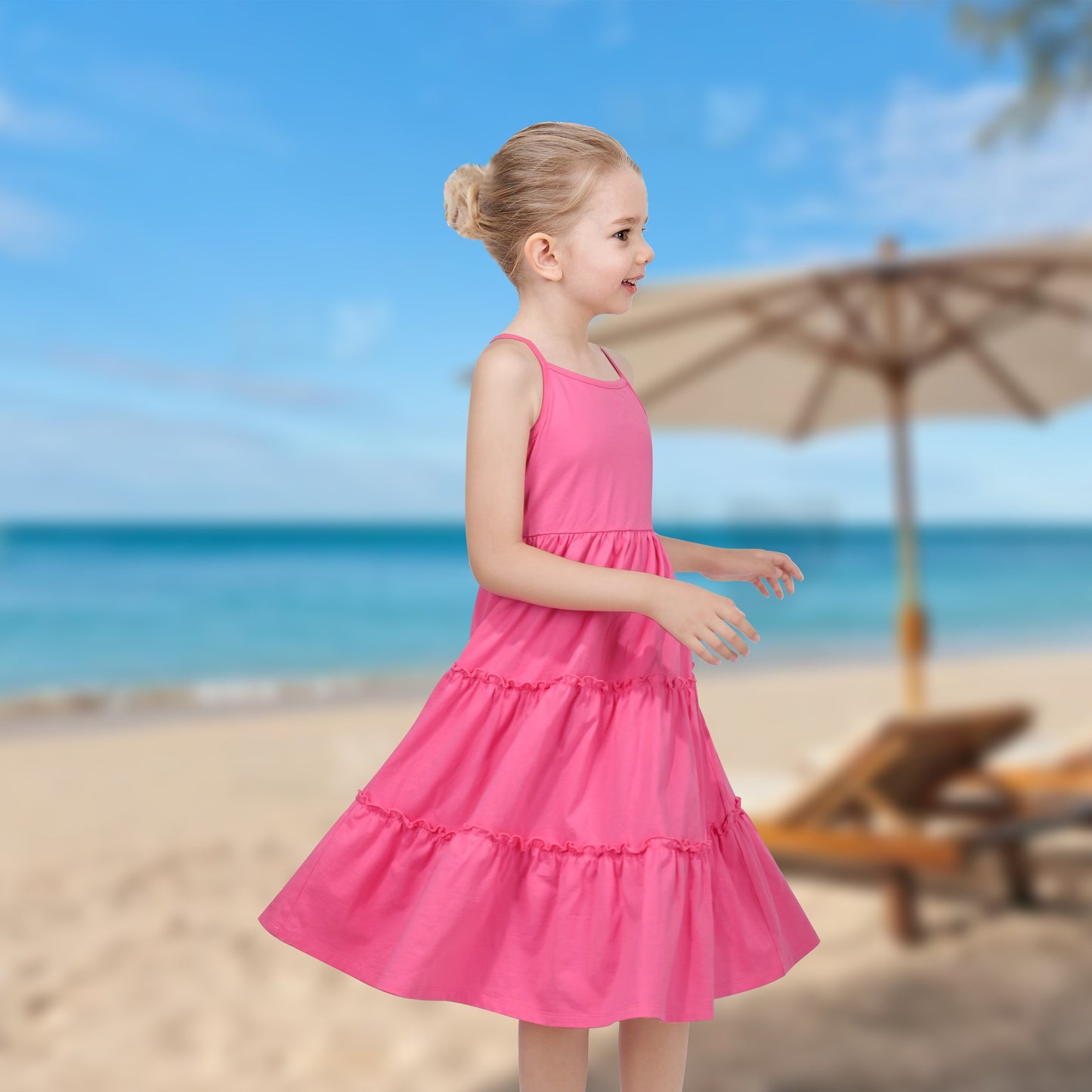 Girls Dress Rainbow Colorful Tiered Ruffle Backless Casual Holiday Cotton Pink