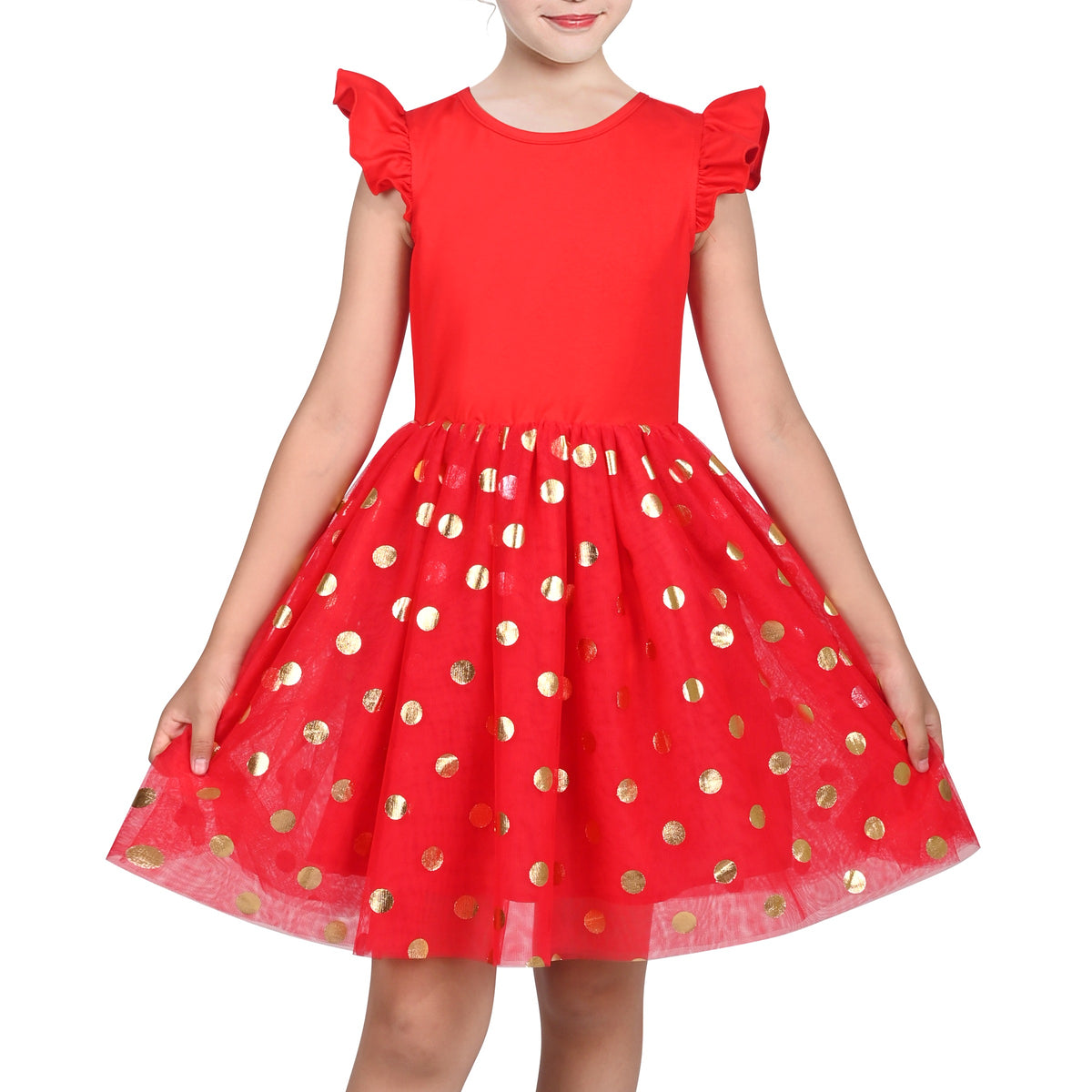Girls Dress Tutu Skirt Cake Layered Grey Suspender Shiny Star Sleeveless - Red Dot