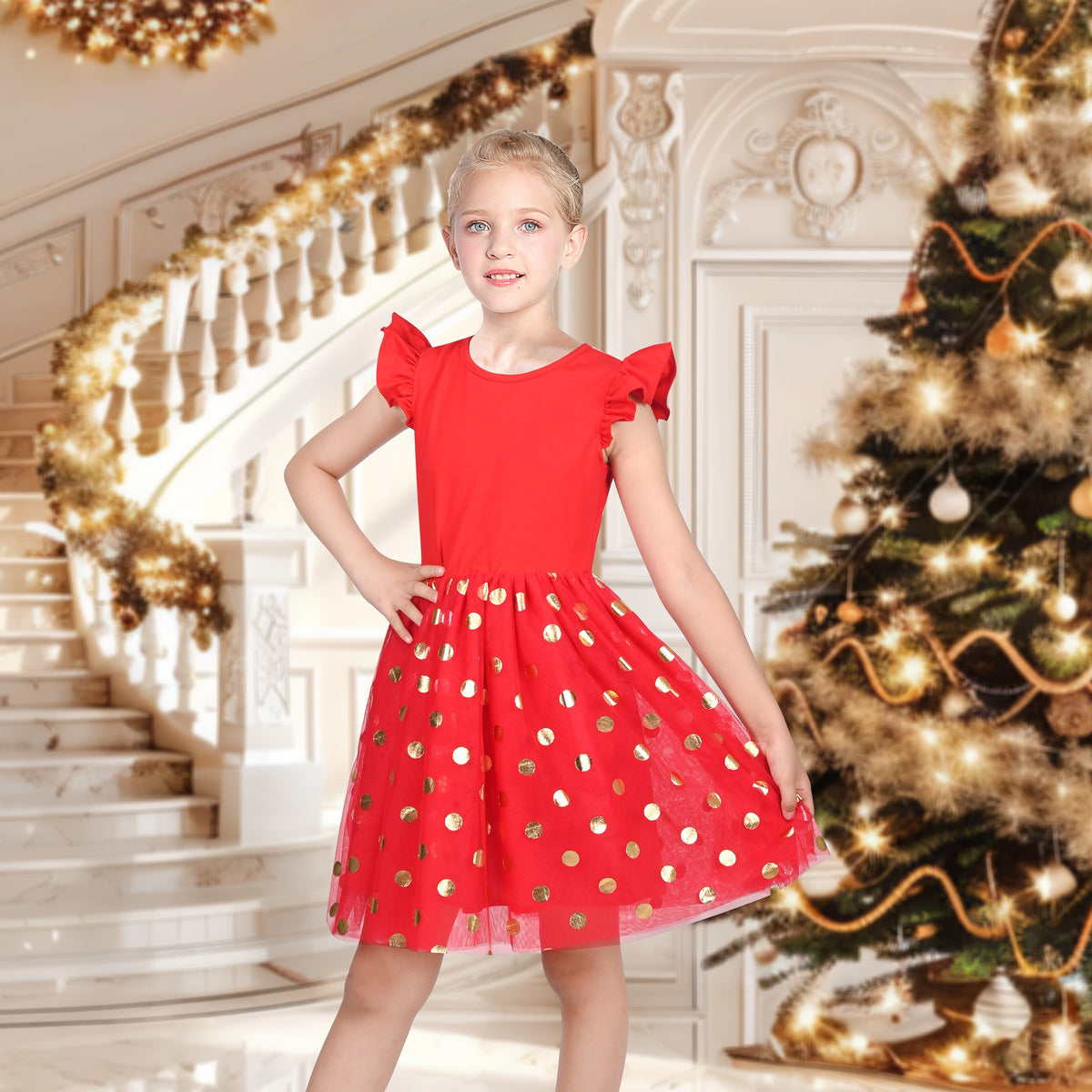 Girls Dress Tutu Skirt Cake Layered Grey Suspender Shiny Star Sleeveless - Red Dot