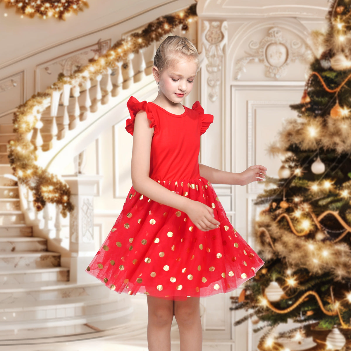 Girls Dress Tutu Skirt Cake Layered Grey Suspender Shiny Star Sleeveless - Red Dot