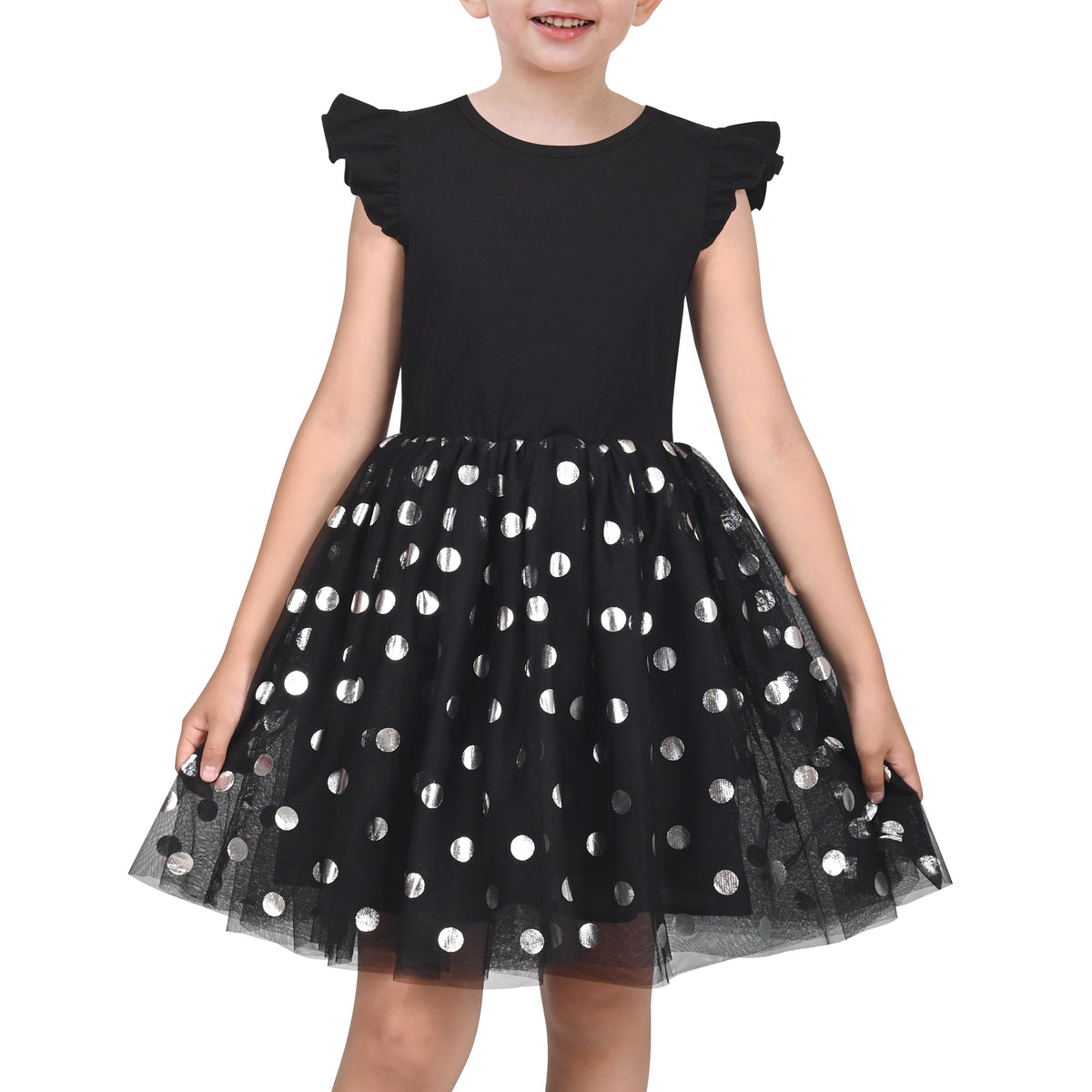 Girls Dress Tutu Skirt Cake Layered Grey Suspender Shiny Star Sleeveless - Black Dot
