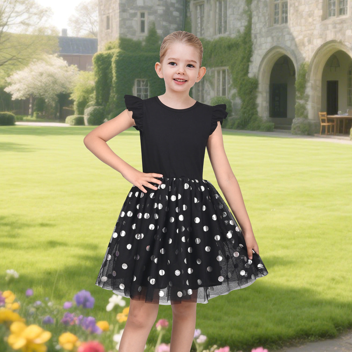 Girls Dress Tutu Skirt Cake Layered Grey Suspender Shiny Star Sleeveless - Black Dot