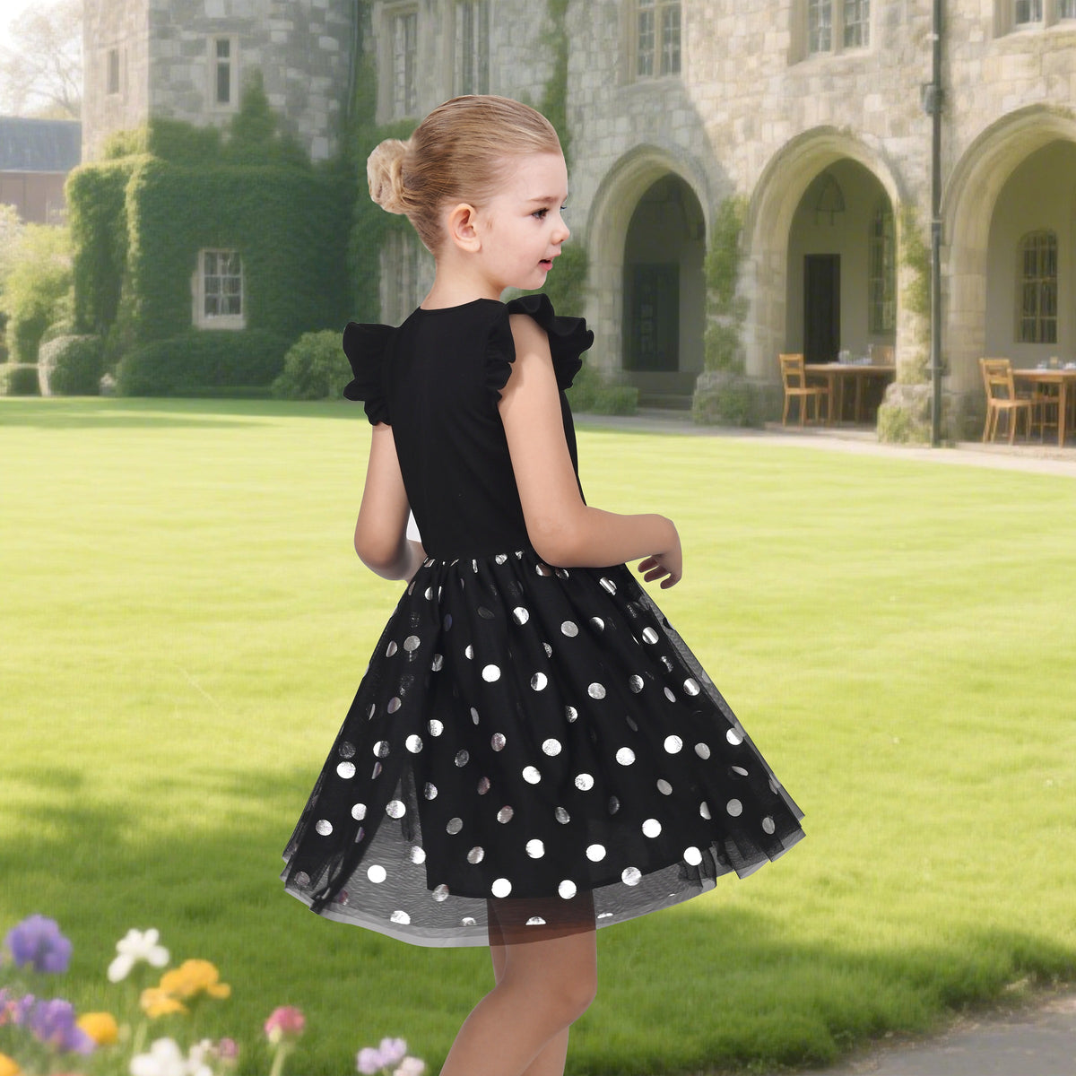 Girls Dress Tutu Skirt Cake Layered Grey Suspender Shiny Star Sleeveless - Black Dot