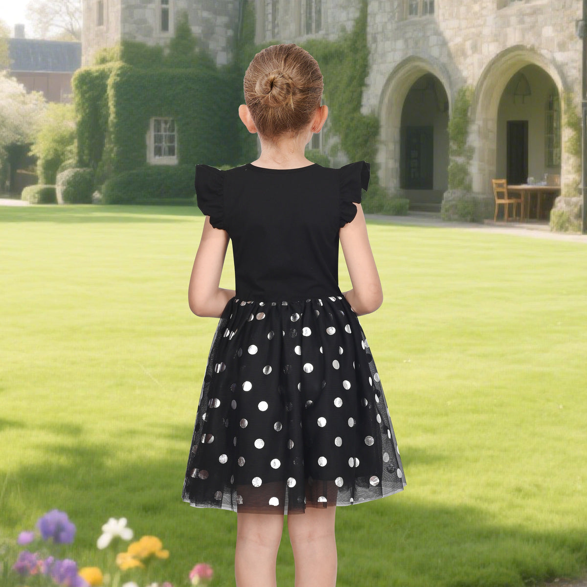 Girls Dress Tutu Skirt Cake Layered Grey Suspender Shiny Star Sleeveless - Black Dot