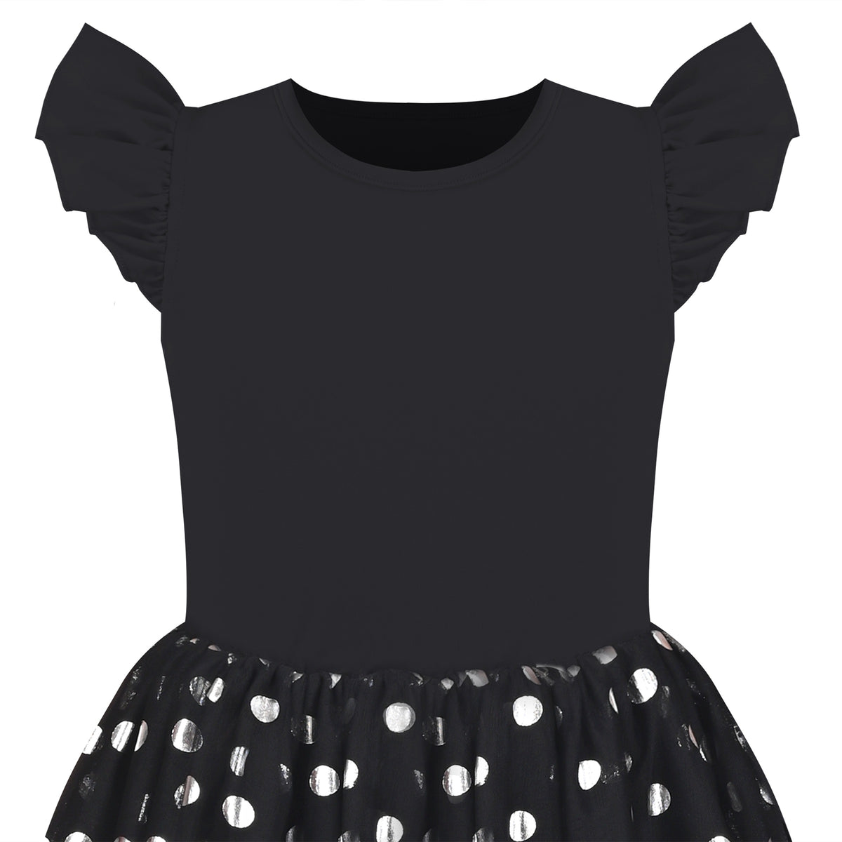Girls Dress Tutu Skirt Cake Layered Grey Suspender Shiny Star Sleeveless - Black Dot