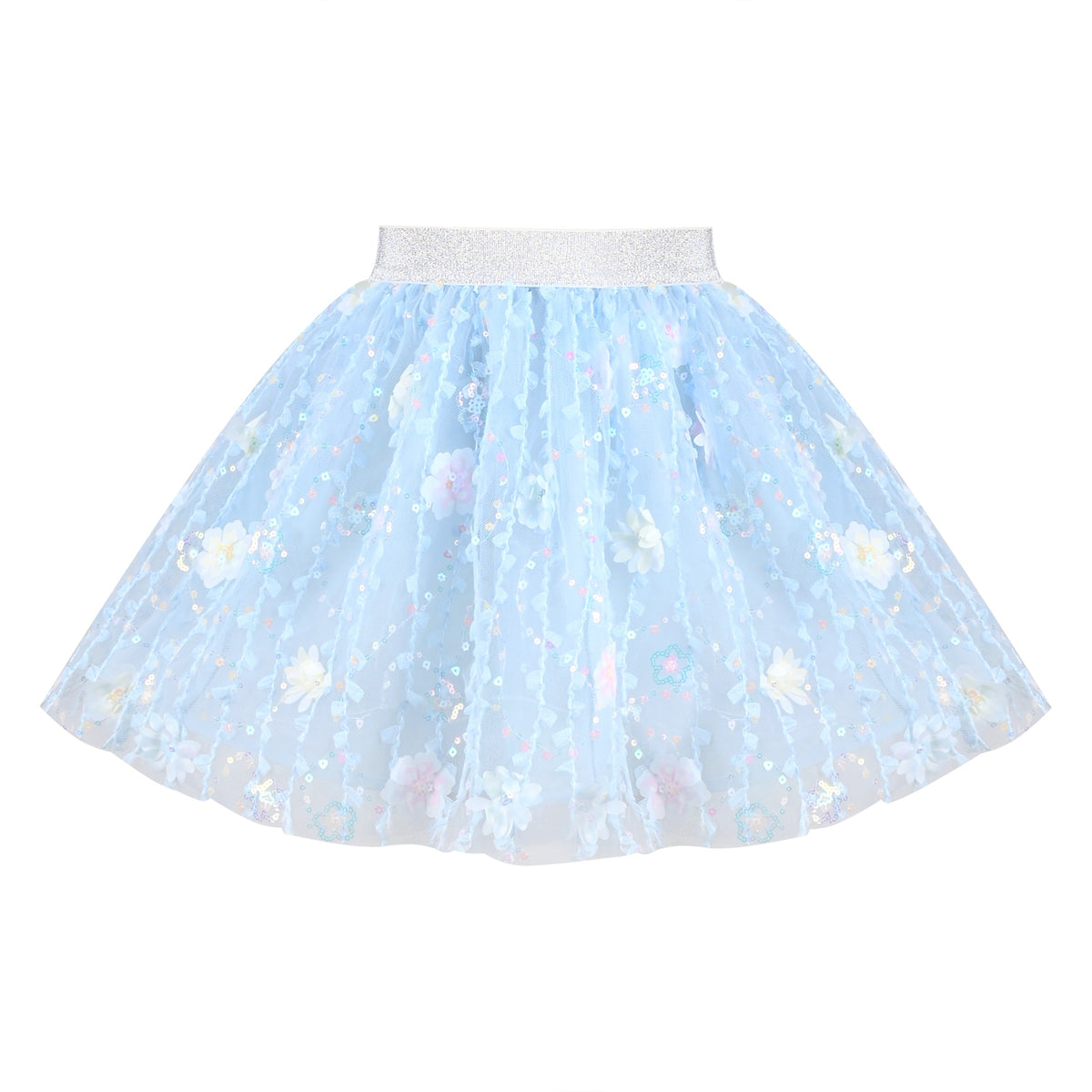 Girls Skirt Blue Heart Sequins Sparkling Tutu Dancing - Blue Embroidery Flower
