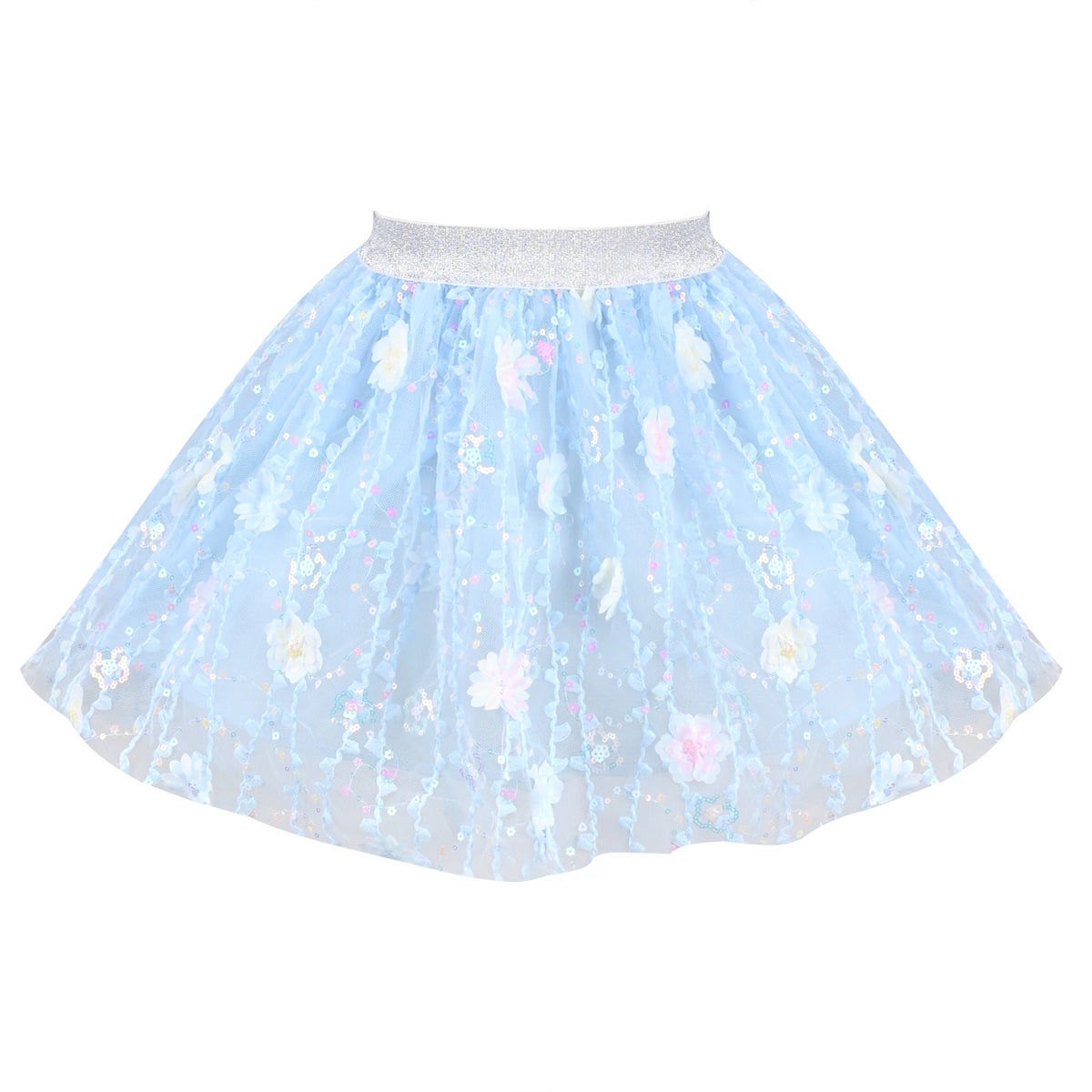 Girls Skirt Blue Heart Sequins Sparkling Tutu Dancing - Blue Embroidery Flower