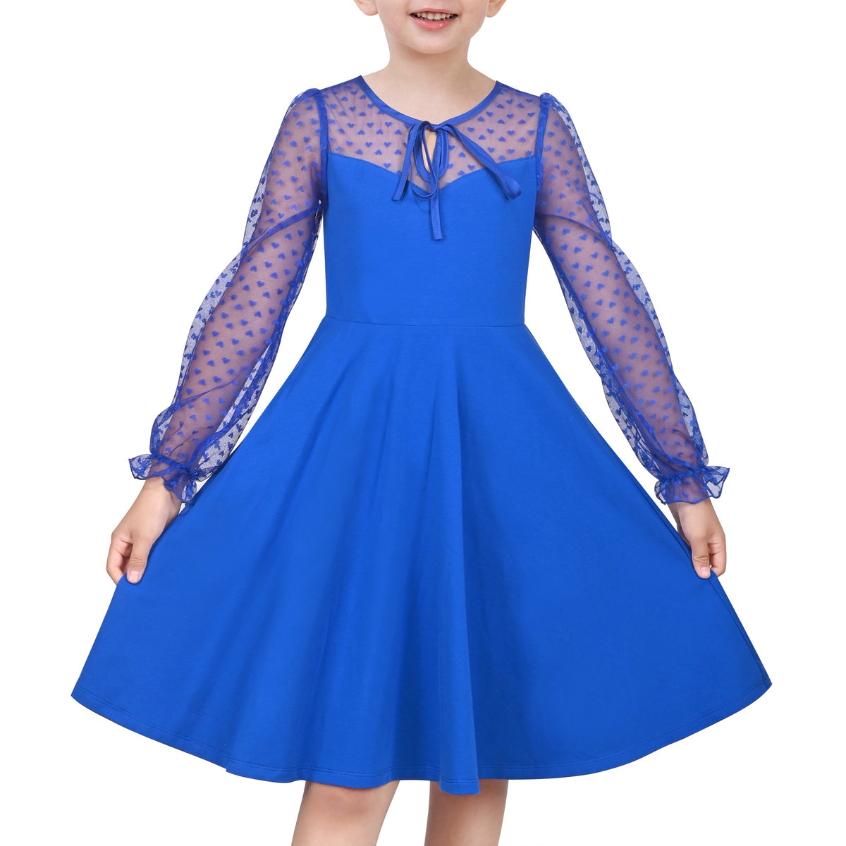 Girls Dress Black Floral Lace Sheer Mesh Long Sleeve Hollow V-back - Blue