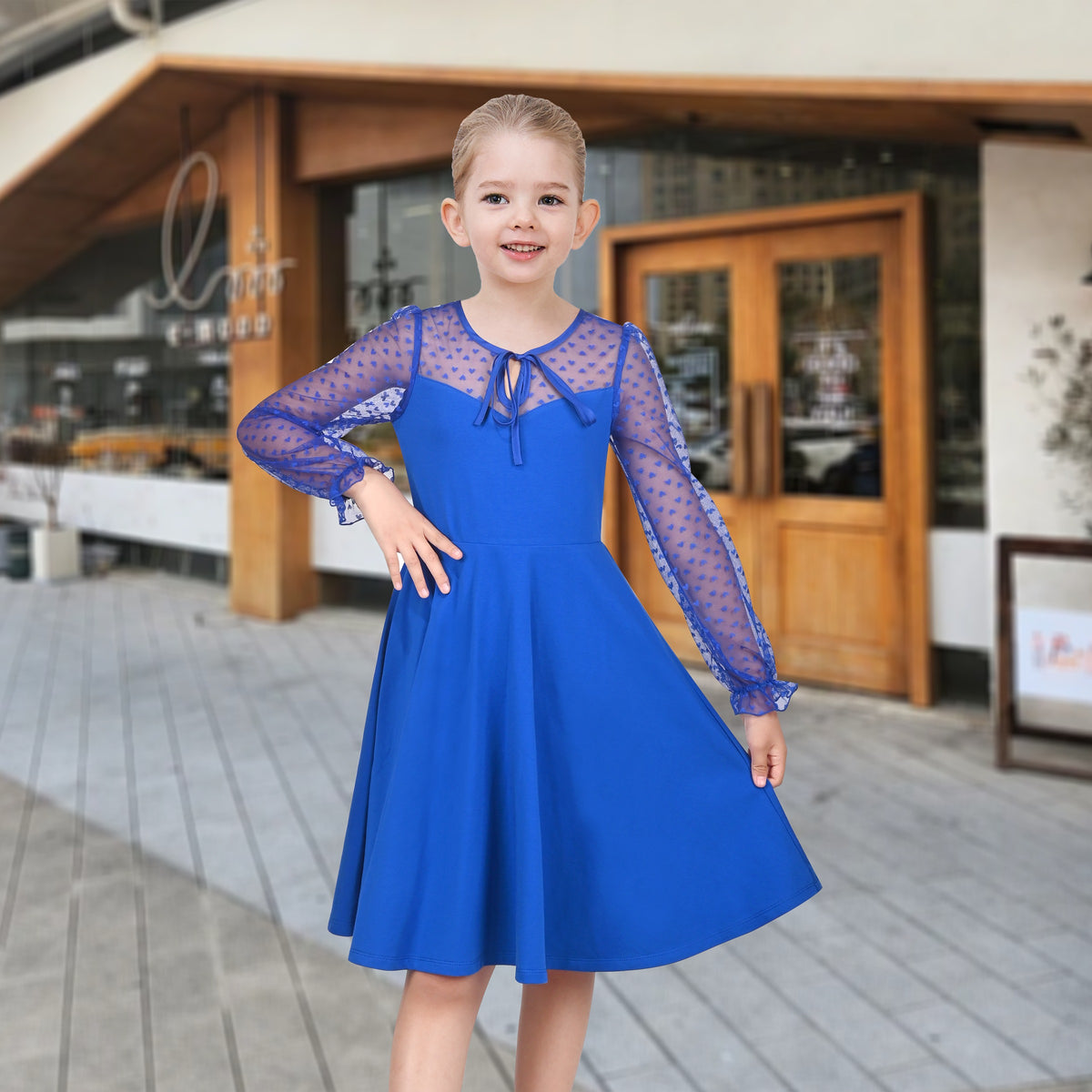 Girls Dress Black Floral Lace Sheer Mesh Long Sleeve Hollow V-back - Blue