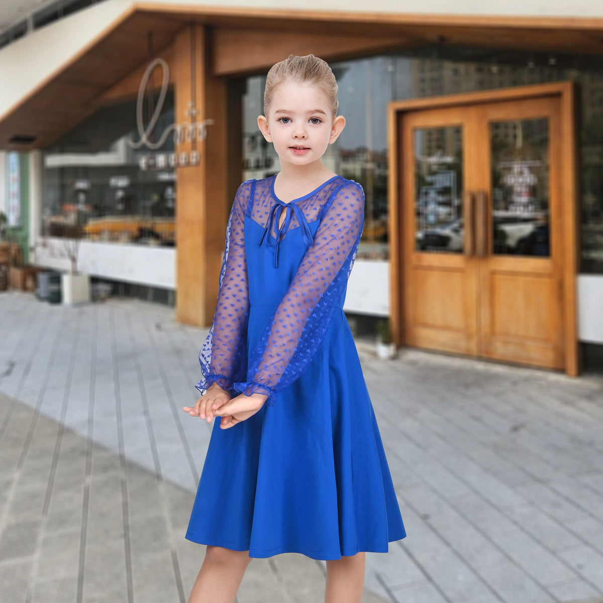 Girls Dress Black Floral Lace Sheer Mesh Long Sleeve Hollow V-back - Blue