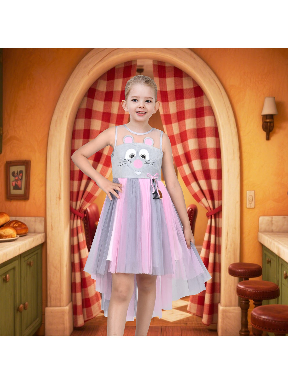Girls Dress Sequin Mesh Party Wedding Princess Tulle - Pink Grey Mouse