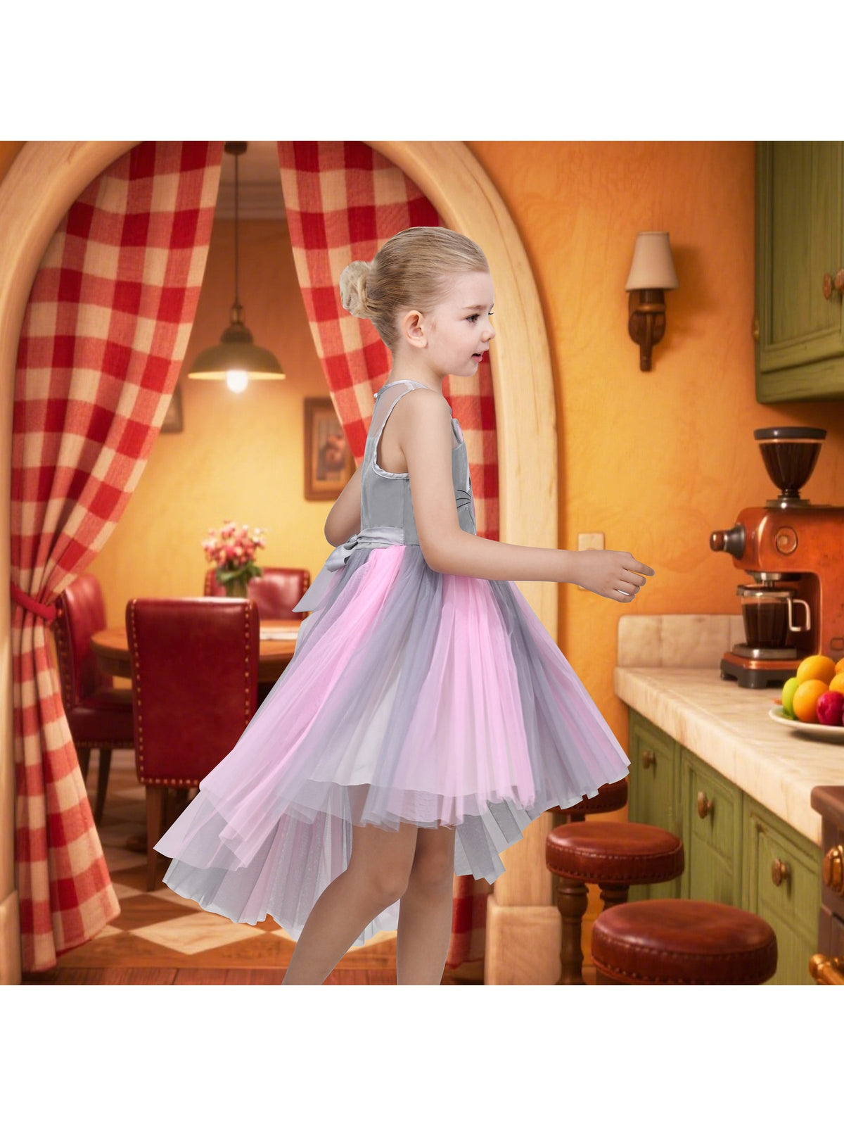 Girls Dress Sequin Mesh Party Wedding Princess Tulle - Pink Grey Mouse