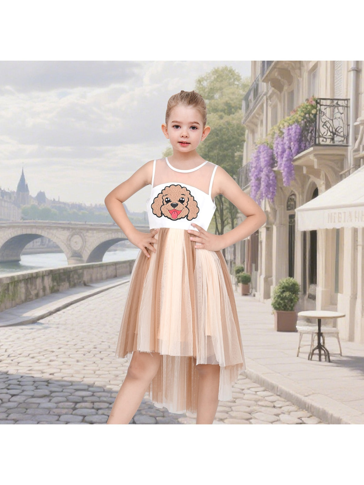 Girls Dress Sequin Mesh Party Wedding Princess Tulle - Beige Puppy