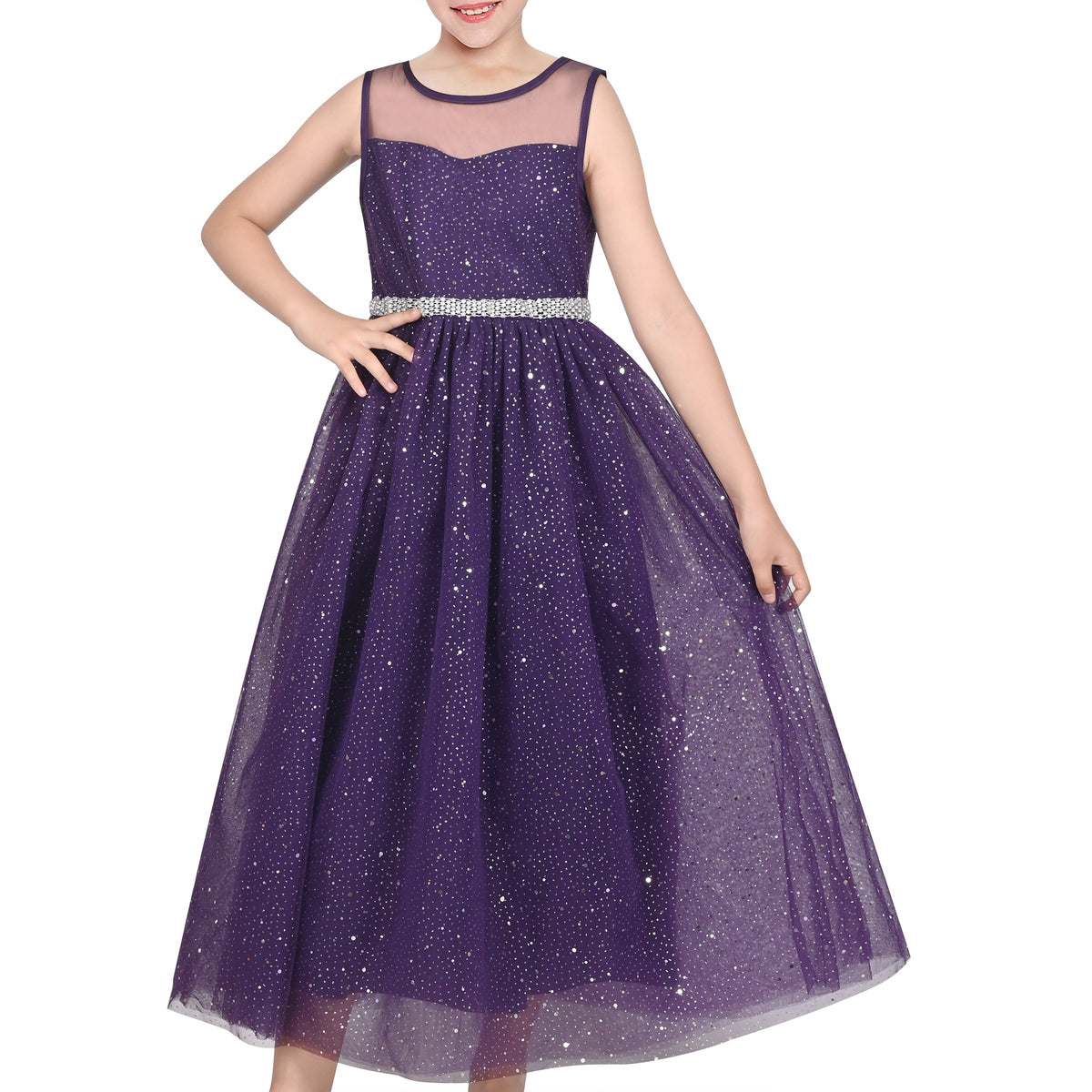 Girls Dress Green Lace Tulle Gradient Skirt Shiny Star Sleeveless - Dark Purple