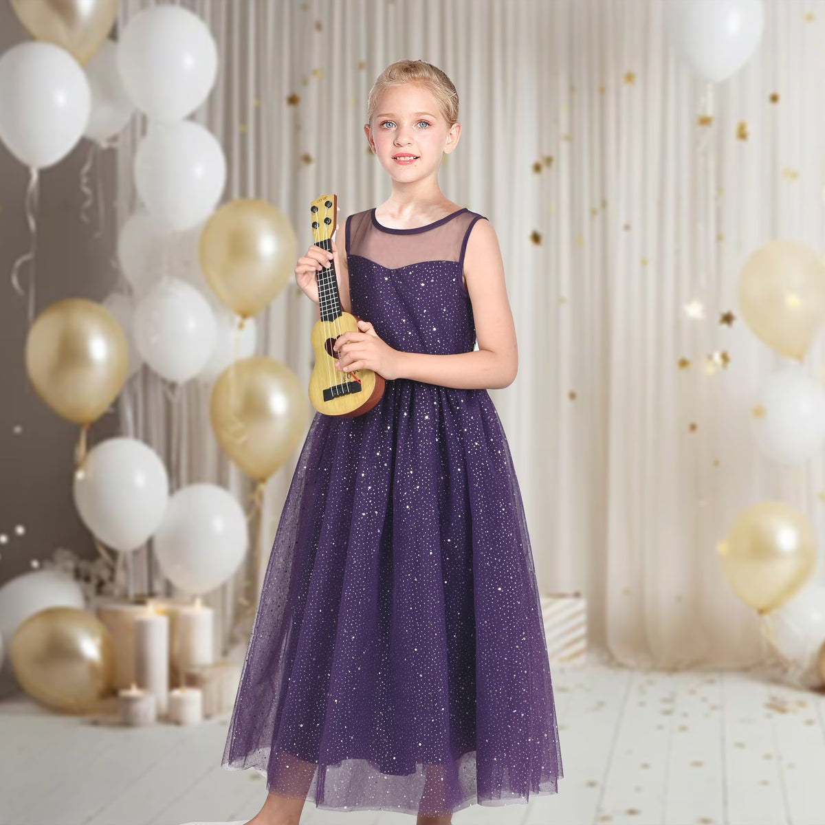 Girls Dress Green Lace Tulle Gradient Skirt Shiny Star Sleeveless - Dark Purple