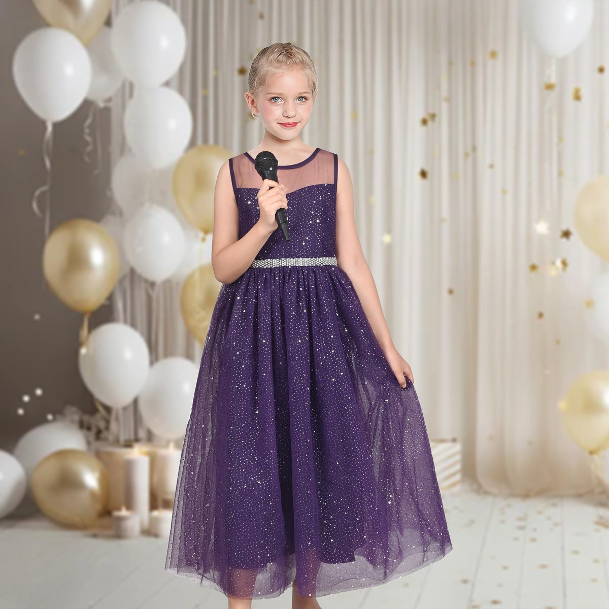 Girls Dress Green Lace Tulle Gradient Skirt Shiny Star Sleeveless - Dark Purple