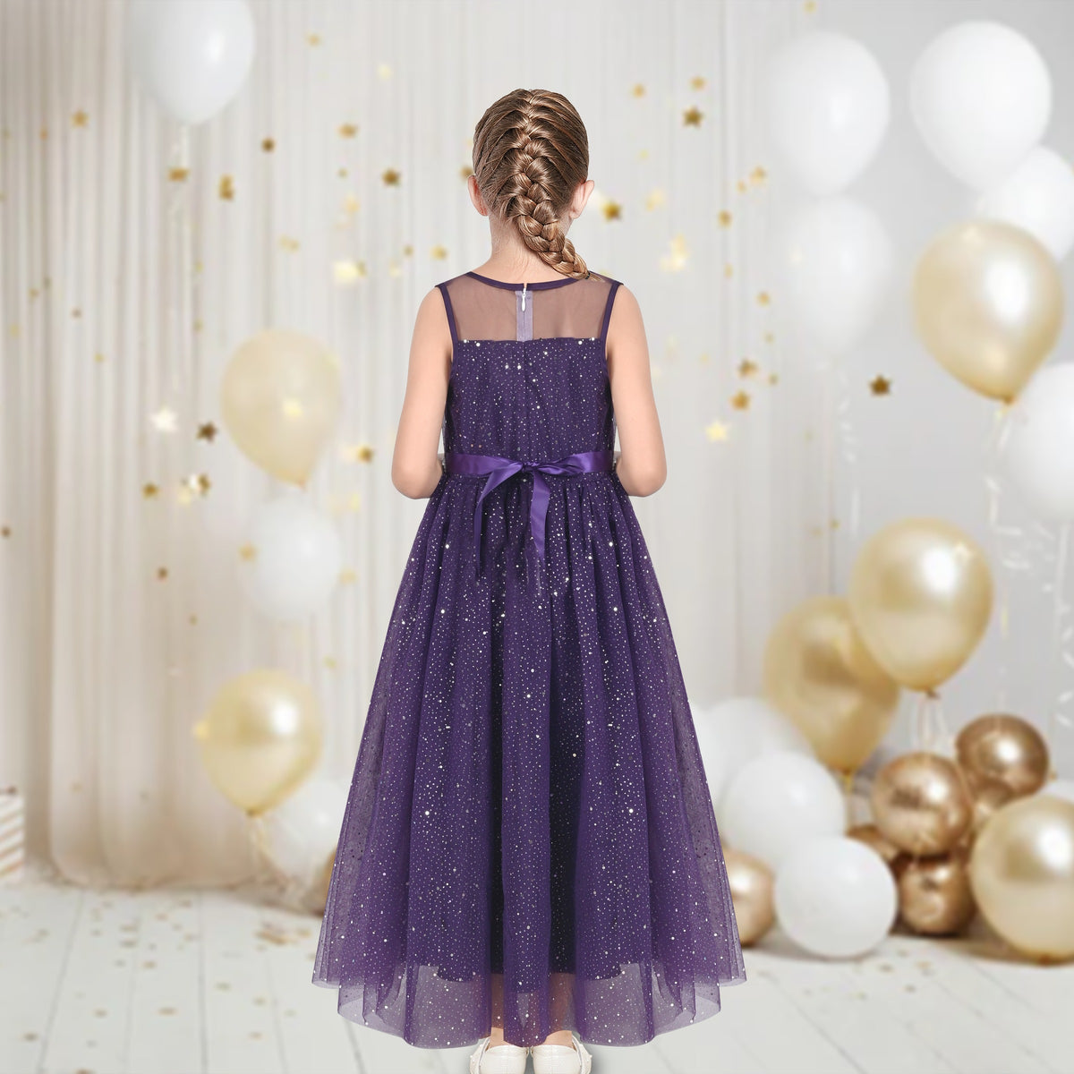 Girls Dress Green Lace Tulle Gradient Skirt Shiny Star Sleeveless - Dark Purple