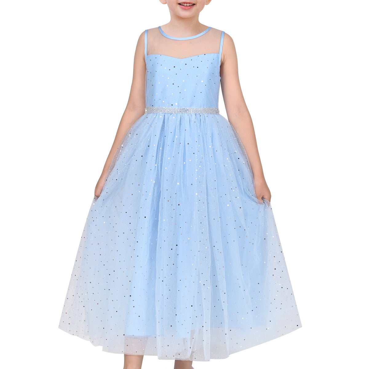 Girls Dress Green Lace Tulle Gradient Skirt Shiny Star Sleeveless - Sky Blue