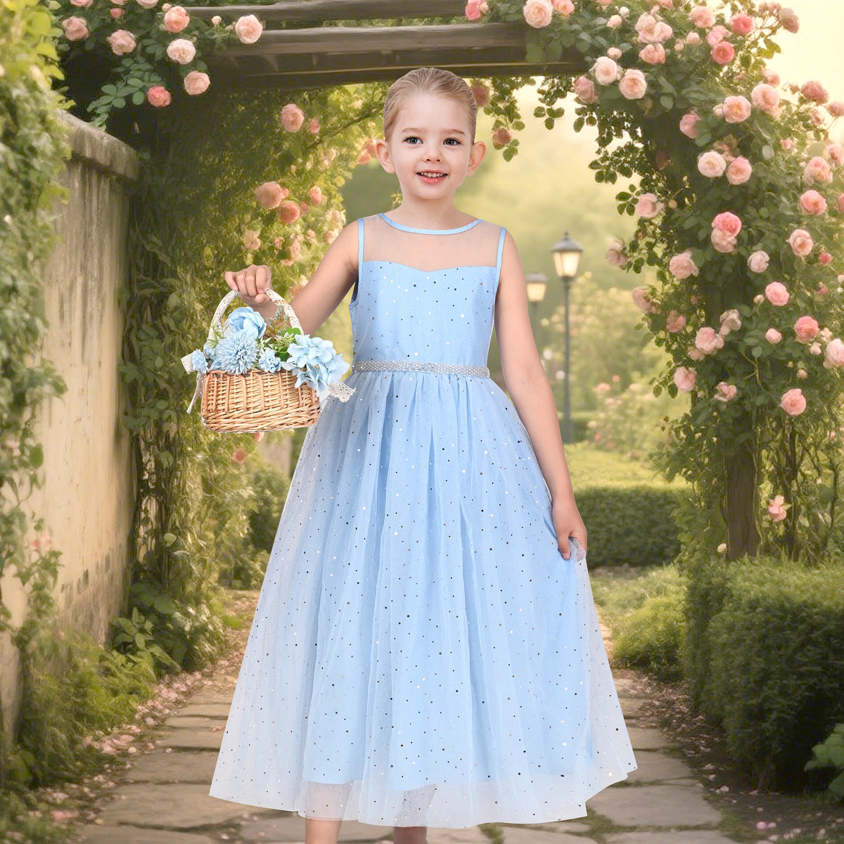Girls Dress Green Lace Tulle Gradient Skirt Shiny Star Sleeveless - Sky Blue