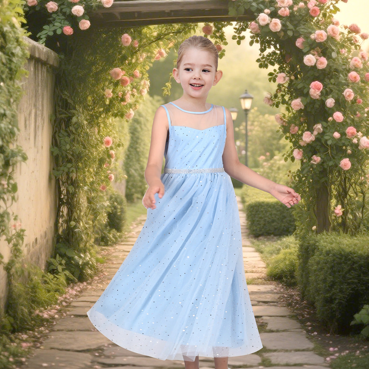 Girls Dress Green Lace Tulle Gradient Skirt Shiny Star Sleeveless - Sky Blue