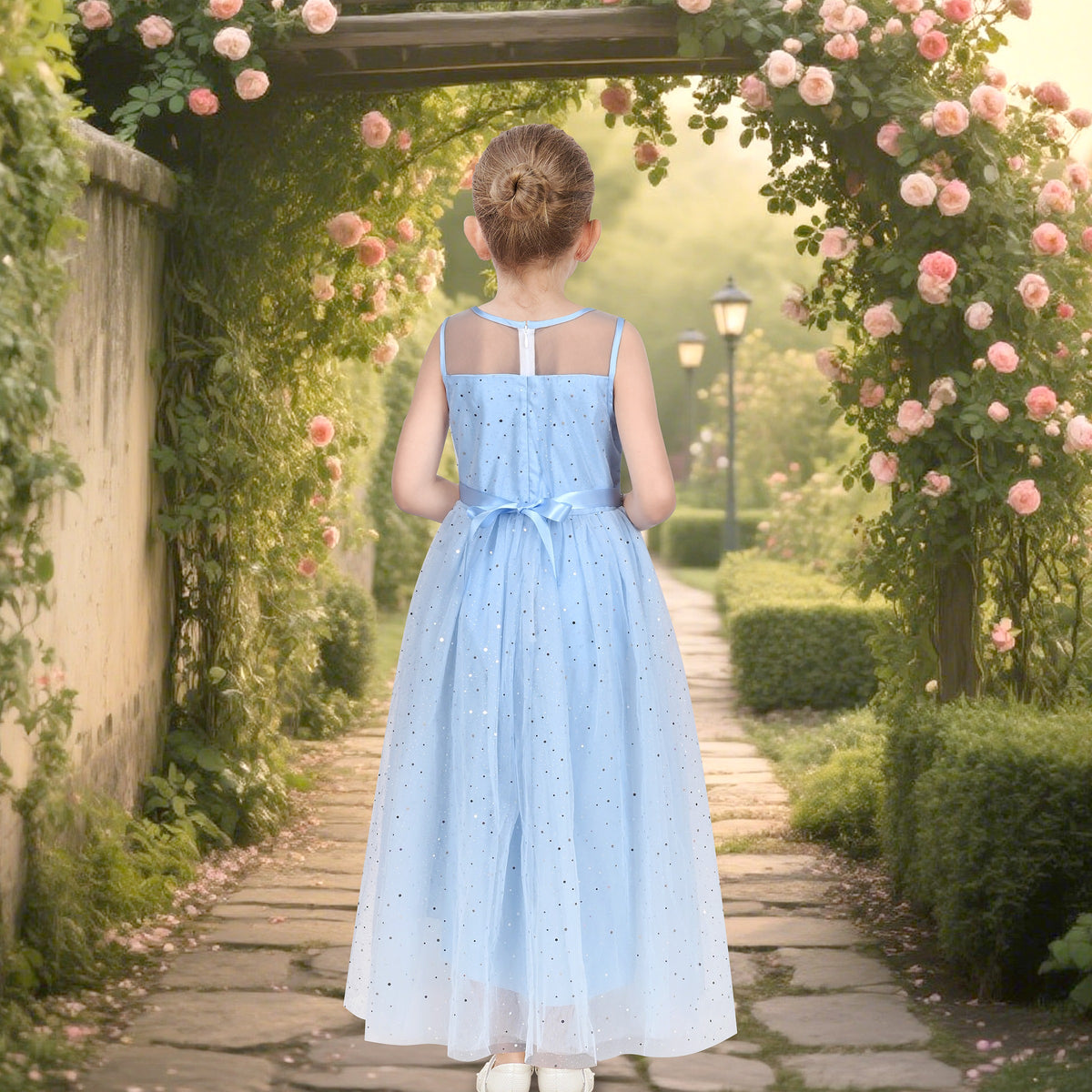Girls Dress Green Lace Tulle Gradient Skirt Shiny Star Sleeveless - Sky Blue