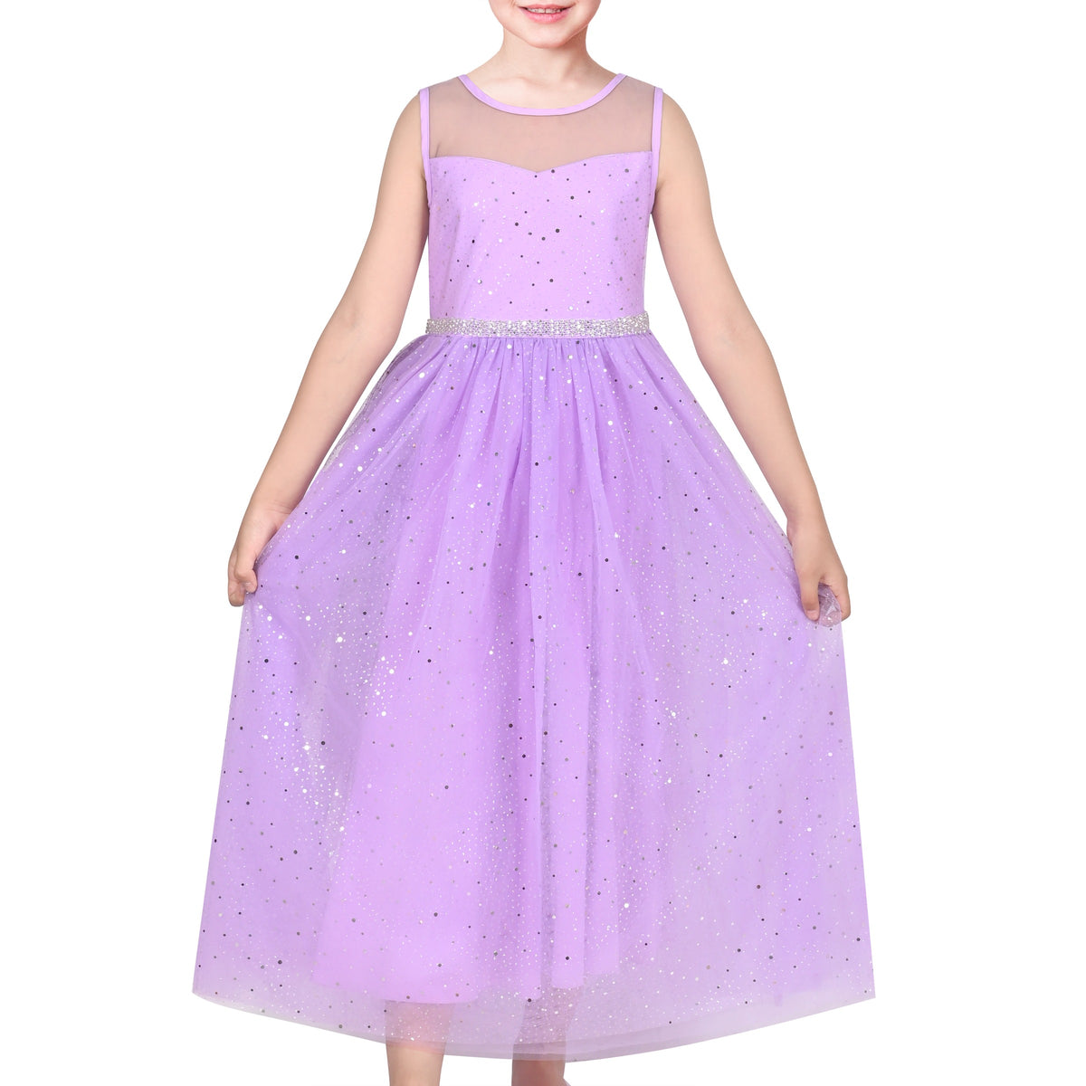 Girls Dress Green Lace Tulle Gradient Skirt Shiny Star Sleeveless - Light Purple