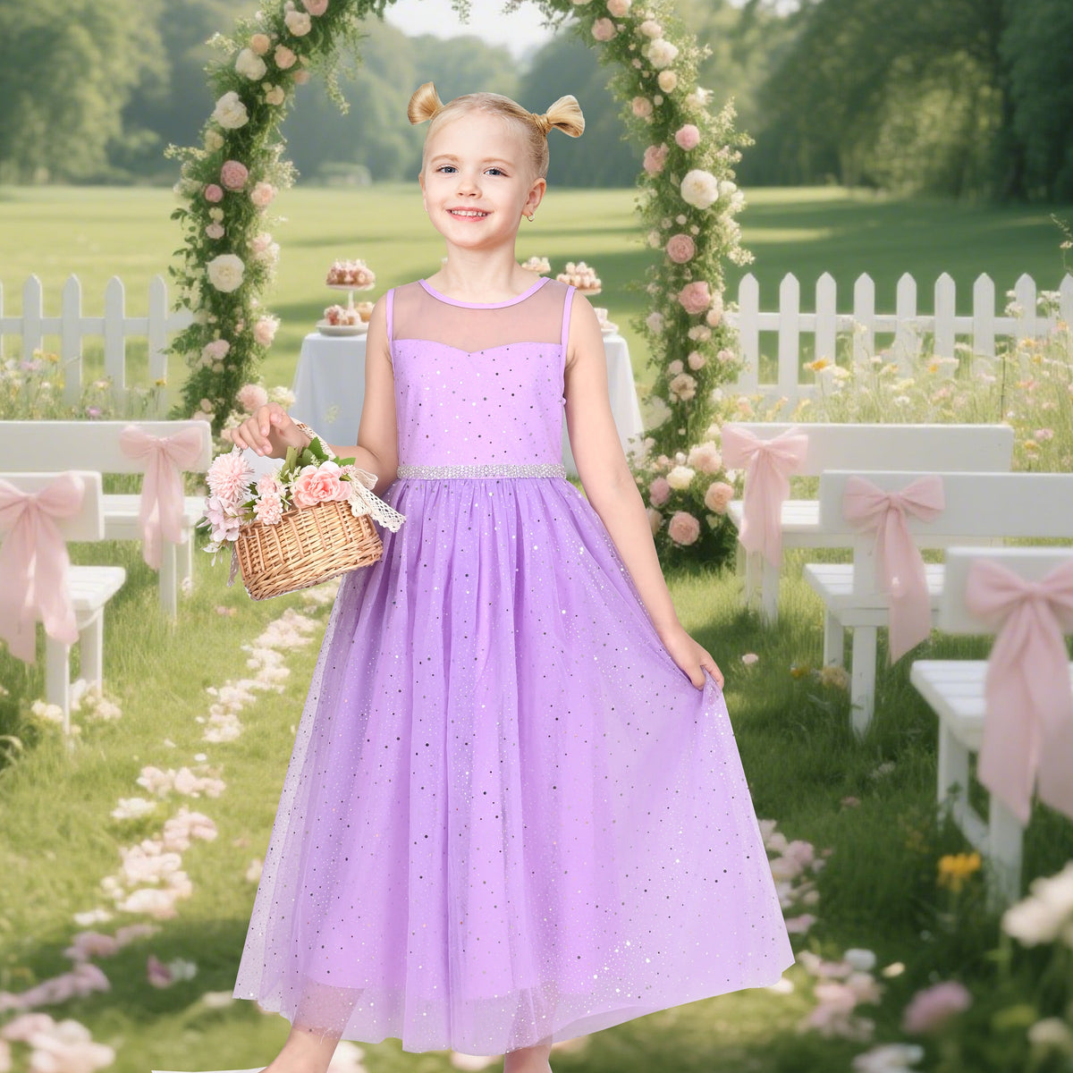 Girls Dress Green Lace Tulle Gradient Skirt Shiny Star Sleeveless - Light Purple