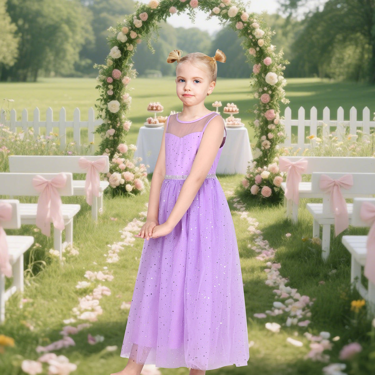 Girls Dress Green Lace Tulle Gradient Skirt Shiny Star Sleeveless - Light Purple