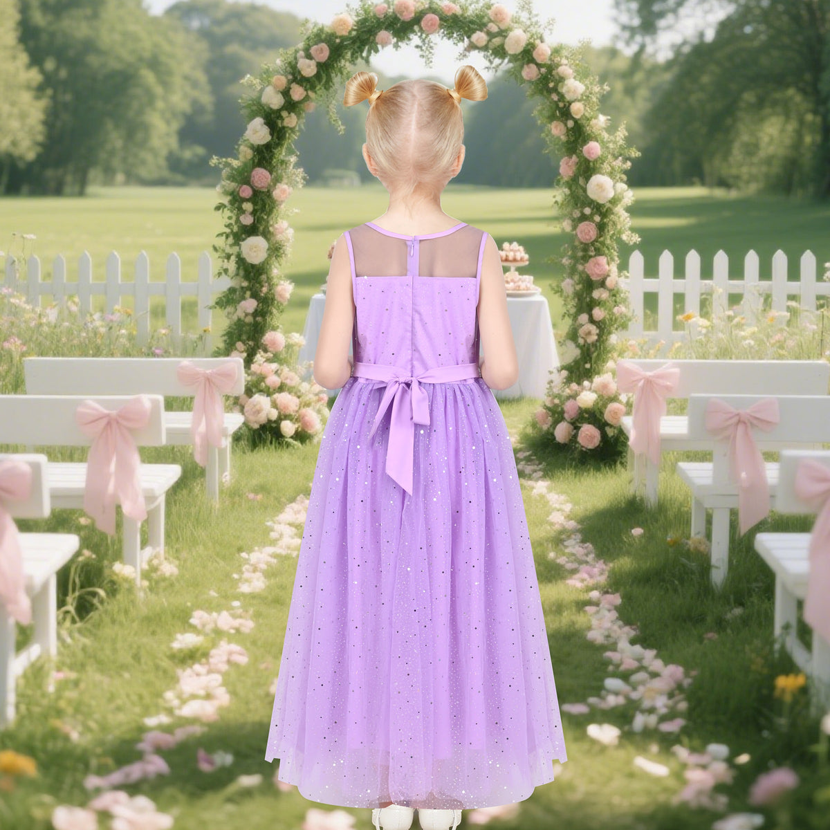 Girls Dress Green Lace Tulle Gradient Skirt Shiny Star Sleeveless - Light Purple