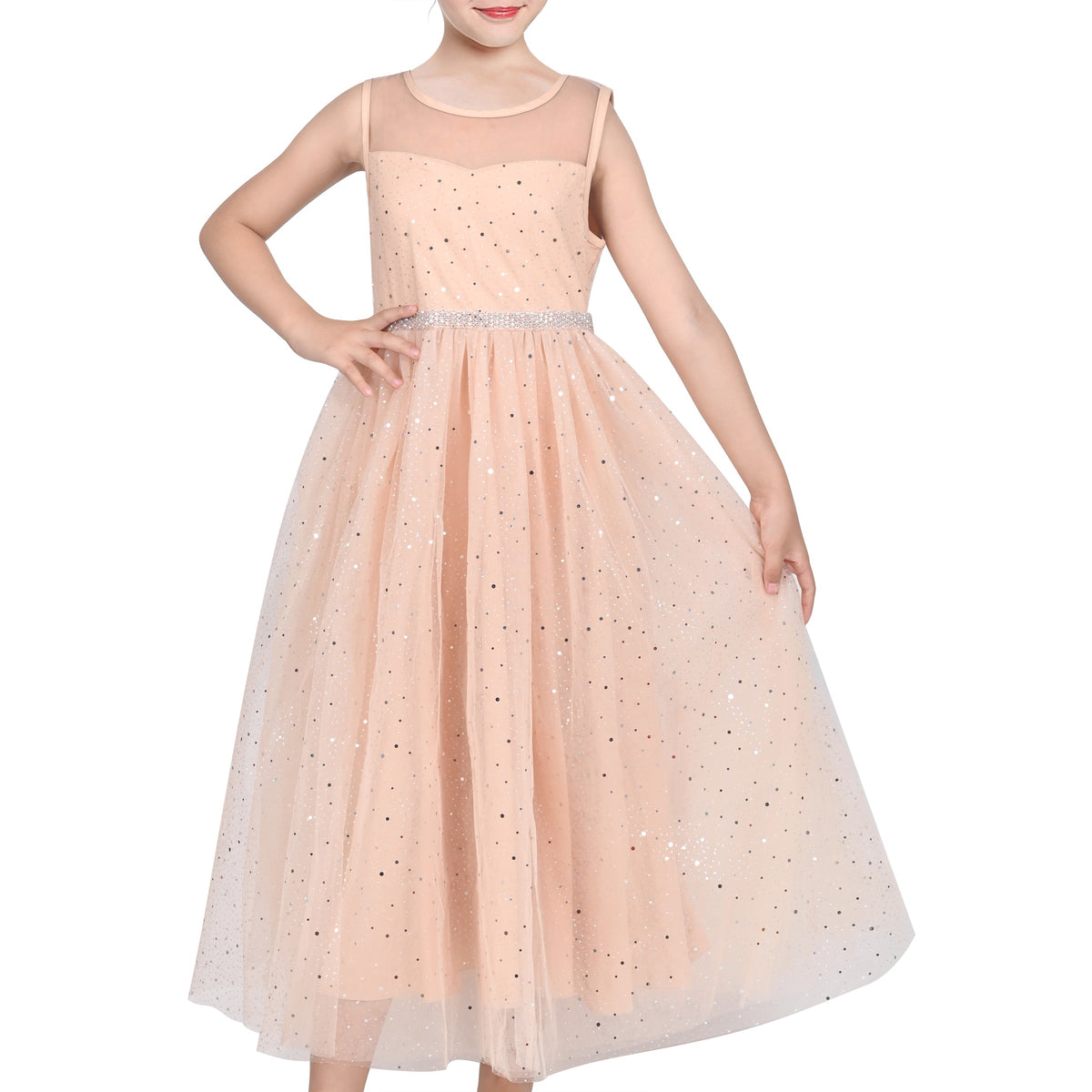 Girls Dress Green Lace Tulle Gradient Skirt Shiny Star Sleeveless - Light Pink
