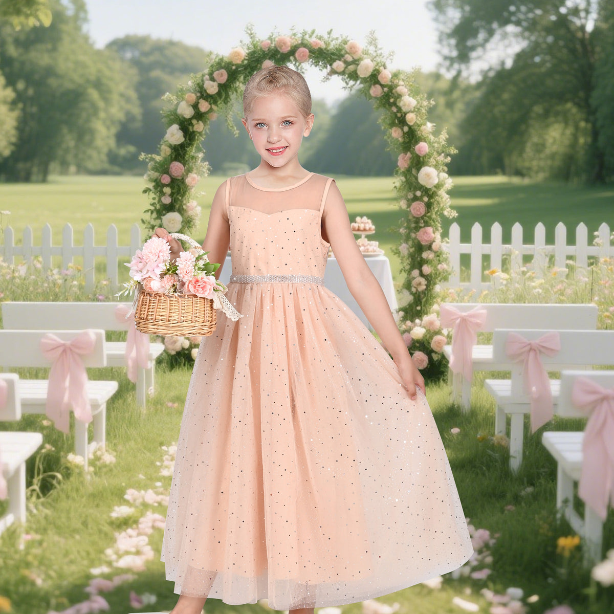 Girls Dress Green Lace Tulle Gradient Skirt Shiny Star Sleeveless - Light Pink