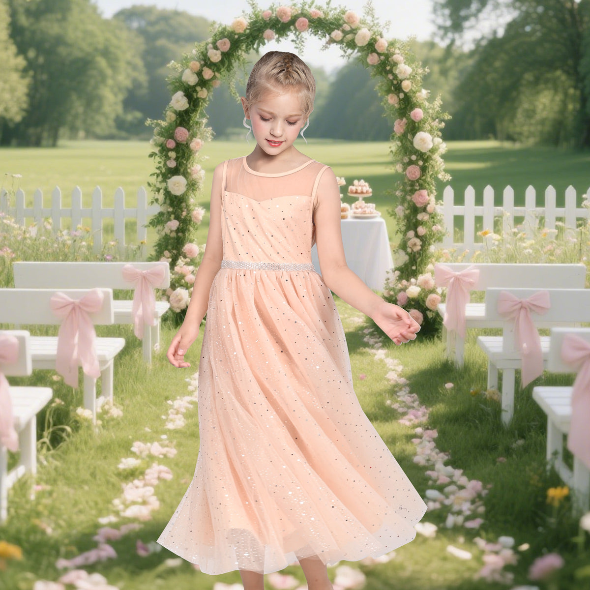 Girls Dress Green Lace Tulle Gradient Skirt Shiny Star Sleeveless - Light Pink