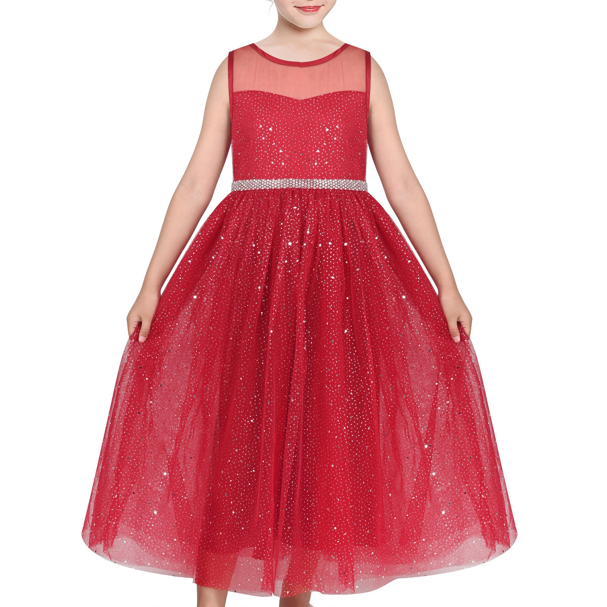 Girls Dress Green Lace Tulle Gradient Skirt Shiny Star Sleeveless - Red Glitter