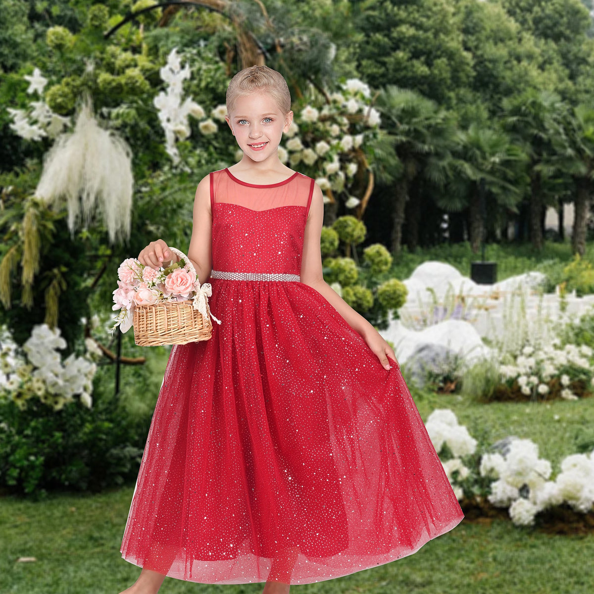 Girls Dress Green Lace Tulle Gradient Skirt Shiny Star Sleeveless - Red Glitter