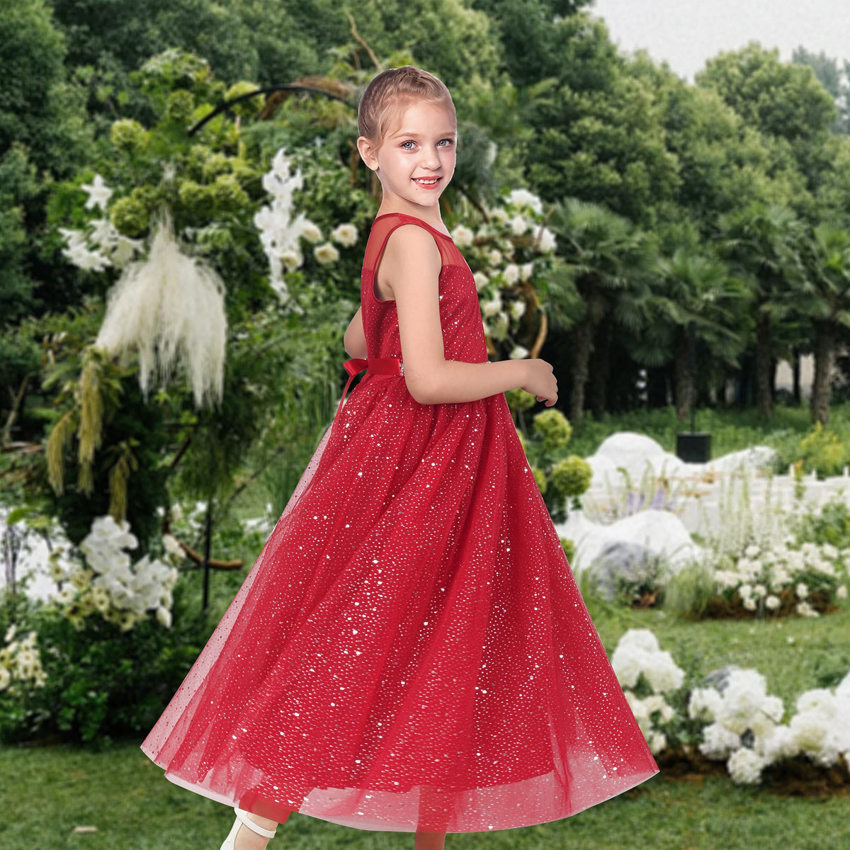 Girls Dress Green Lace Tulle Gradient Skirt Shiny Star Sleeveless - Red Glitter