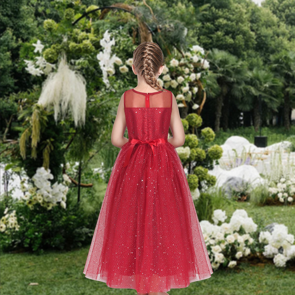 Girls Dress Green Lace Tulle Gradient Skirt Shiny Star Sleeveless - Red Glitter