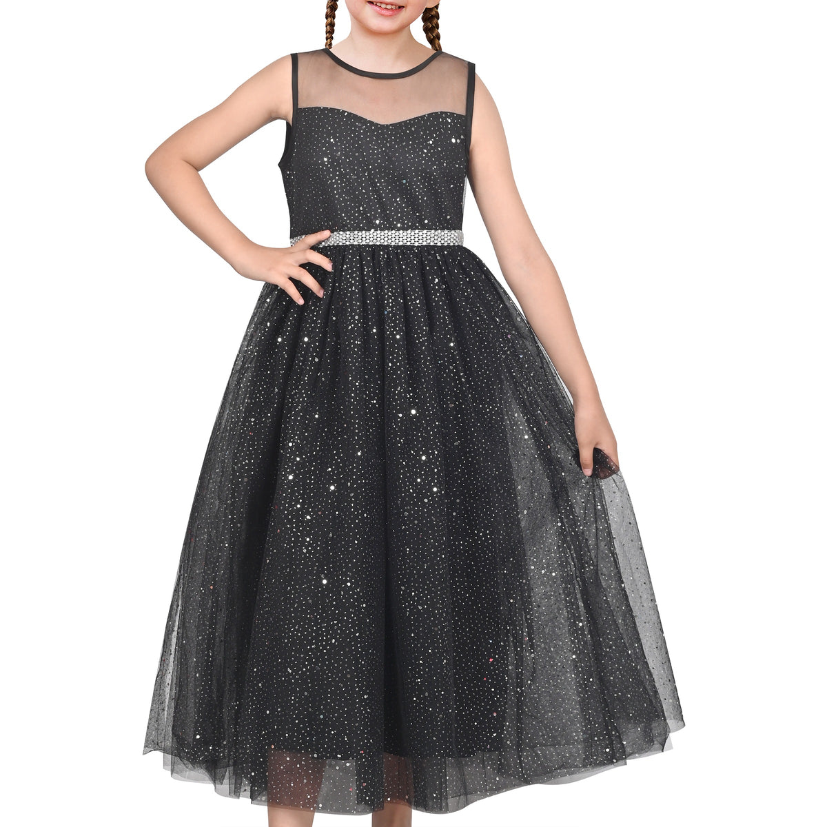 Girls Dress Green Lace Tulle Gradient Skirt Shiny Star Sleeveless - Black