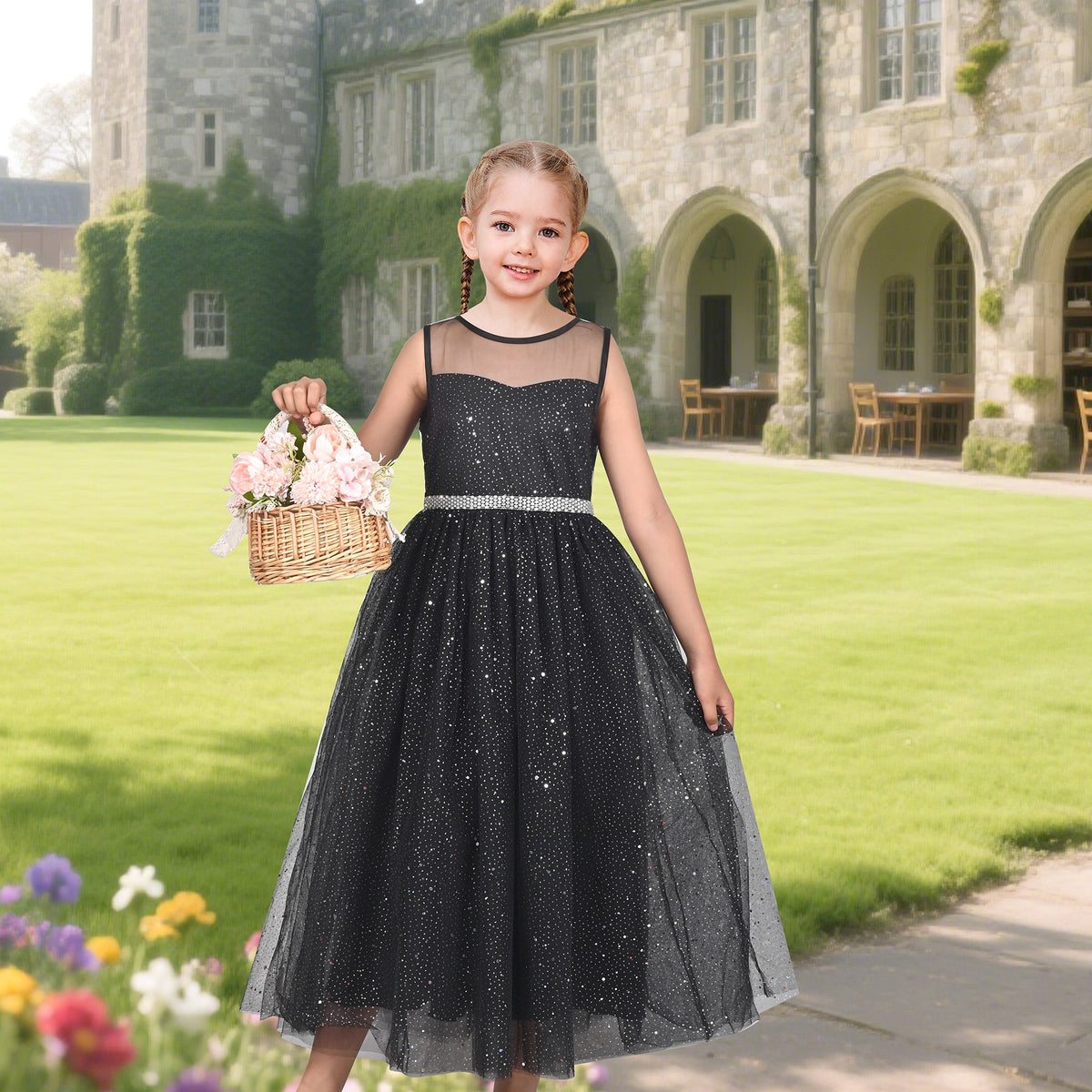 Girls Dress Green Lace Tulle Gradient Skirt Shiny Star Sleeveless - Black