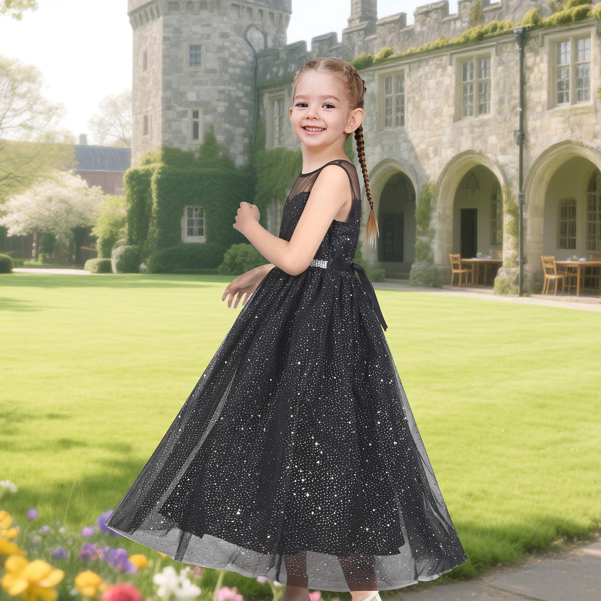 Girls Dress Green Lace Tulle Gradient Skirt Shiny Star Sleeveless - Black